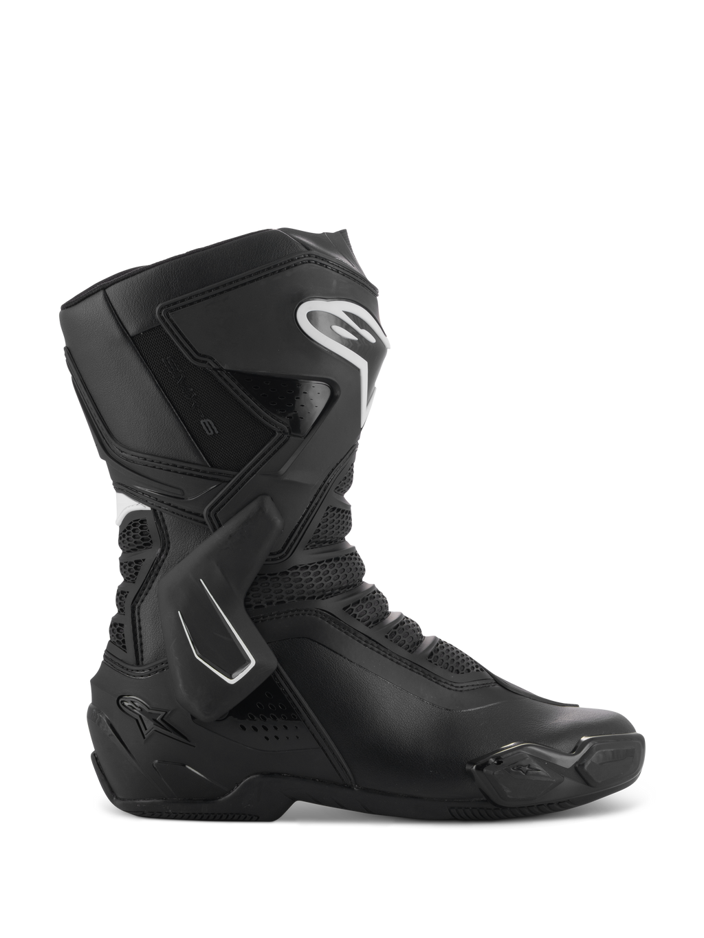 Botas Alpinestars Stella SMX-6 V3, botas de motociclismo de competición para mujer, negro y blanco, vista de perfil lateral con refuerzo de tobillo de TPU y protectores de espinilla, paneles de malla transpirable, logotipo blanco de Alpinestars en la parte frontal, diseñadas para rendimiento en pista y calle