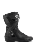 Botas Alpinestars Stella SMX-6 V3, botas de motociclismo de competición para mujer, negro y blanco, vista de perfil lateral con refuerzo de tobillo de TPU y protectores de espinilla, paneles de malla transpirable, logotipo blanco de Alpinestars en la parte frontal, diseñadas para rendimiento en pista y calle