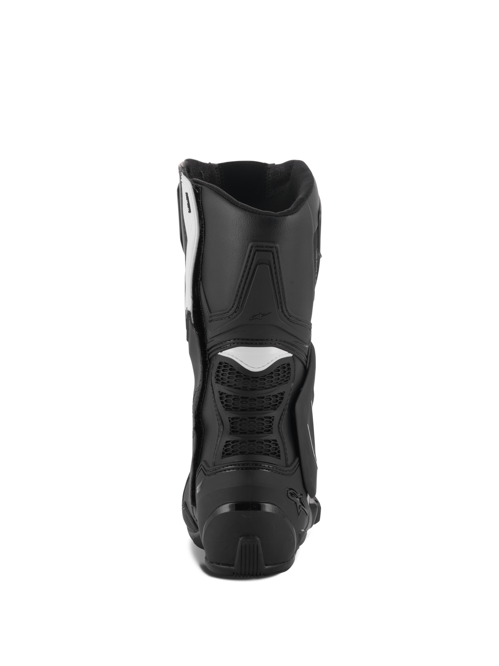 Botas Alpinestars Stella SMX-6 V3, botas de moto para mujer, en color negro y blanco, vista trasera con protector de talón de TPU y paneles de acordeón flexibles, diseño duradero de alto rendimiento