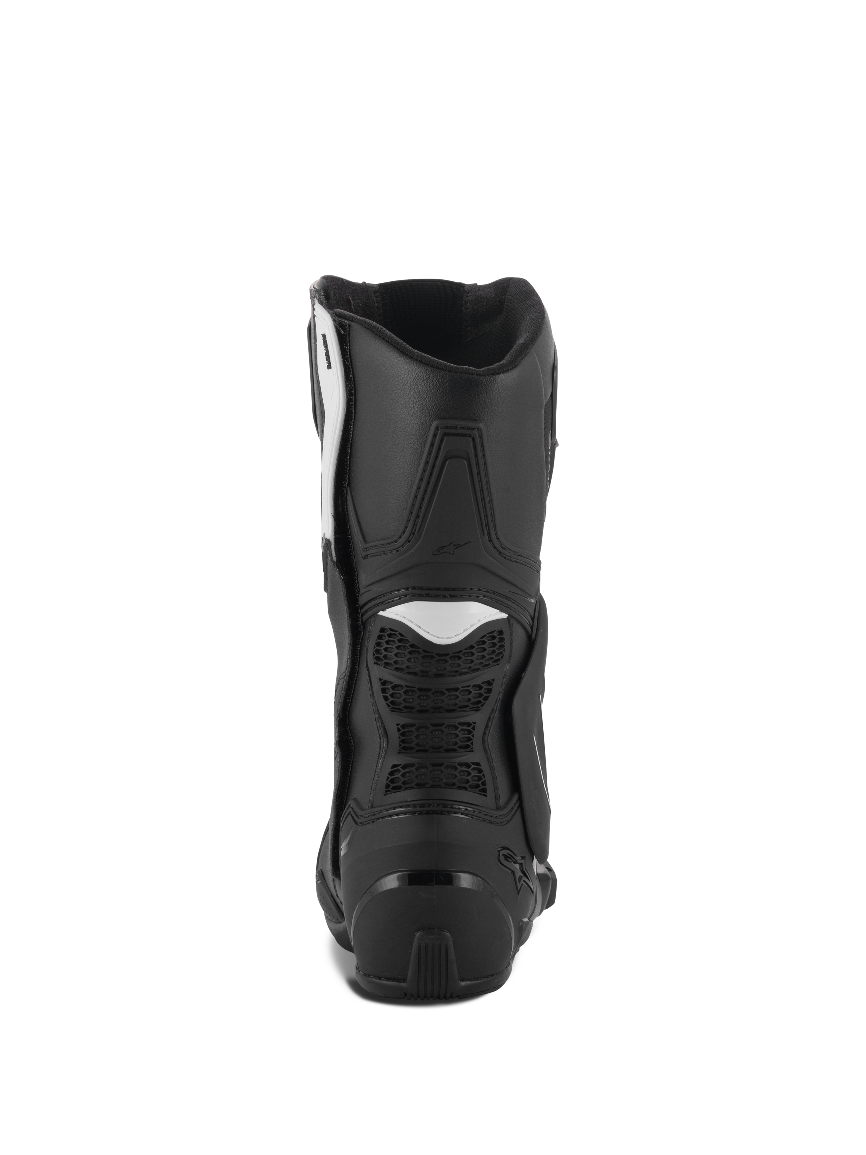 Botas Alpinestars Stella SMX-6 V3, botas de moto para mujer, en color negro y blanco, vista trasera con protector de talón de TPU y paneles de acordeón flexibles, diseño duradero de alto rendimiento