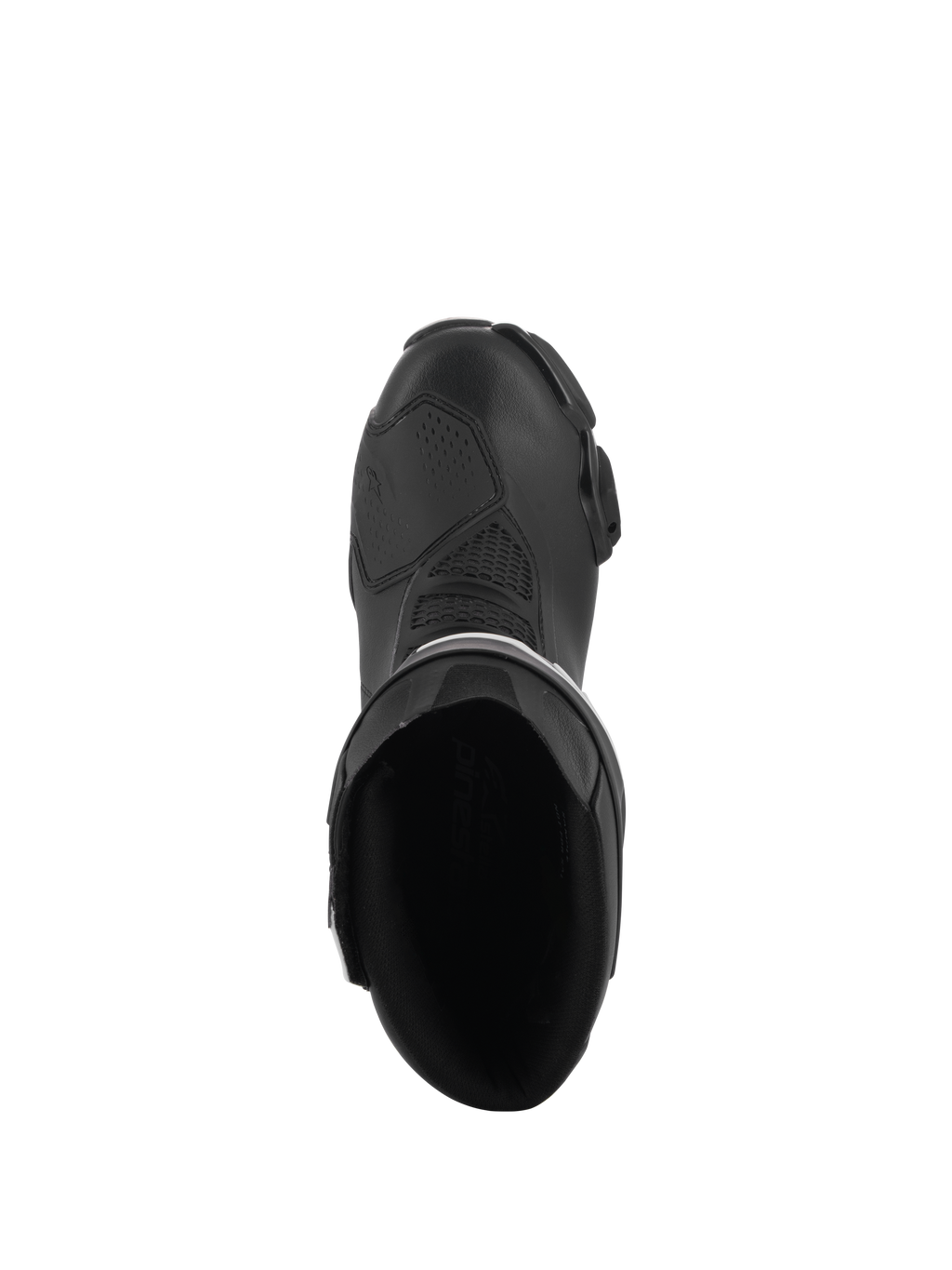 Botas Alpinestars Stella SMX-6 V3, botas de conducción de alto rendimiento para mujer, negras, vista superior que muestra la apertura interior, zona de cambio reforzada y diseño ergonómico aerodinámico.