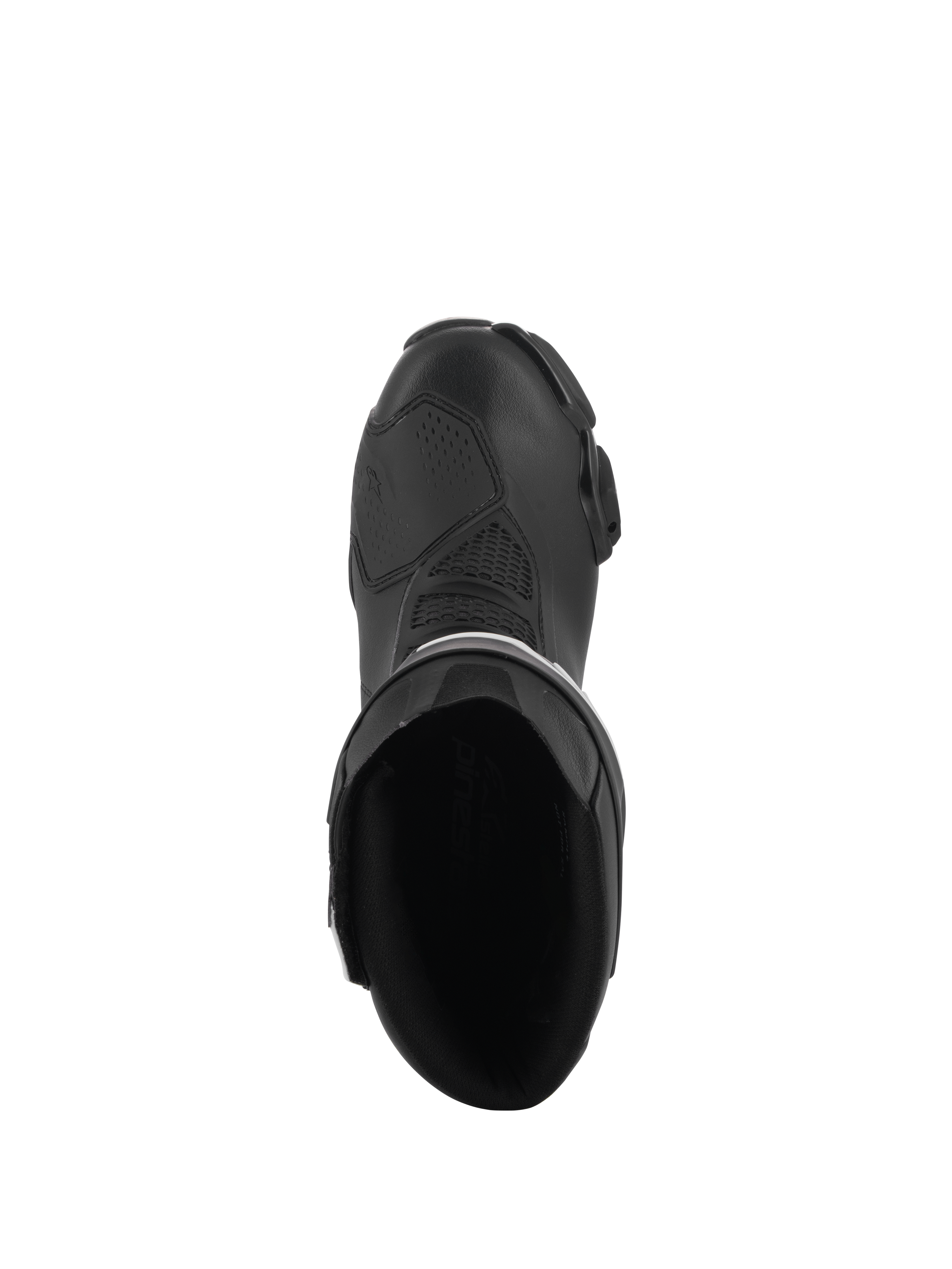 Botas Alpinestars Stella SMX-6 V3, botas de conducción de alto rendimiento para mujer, negras, vista superior que muestra la apertura interior, zona de cambio reforzada y diseño ergonómico aerodinámico.