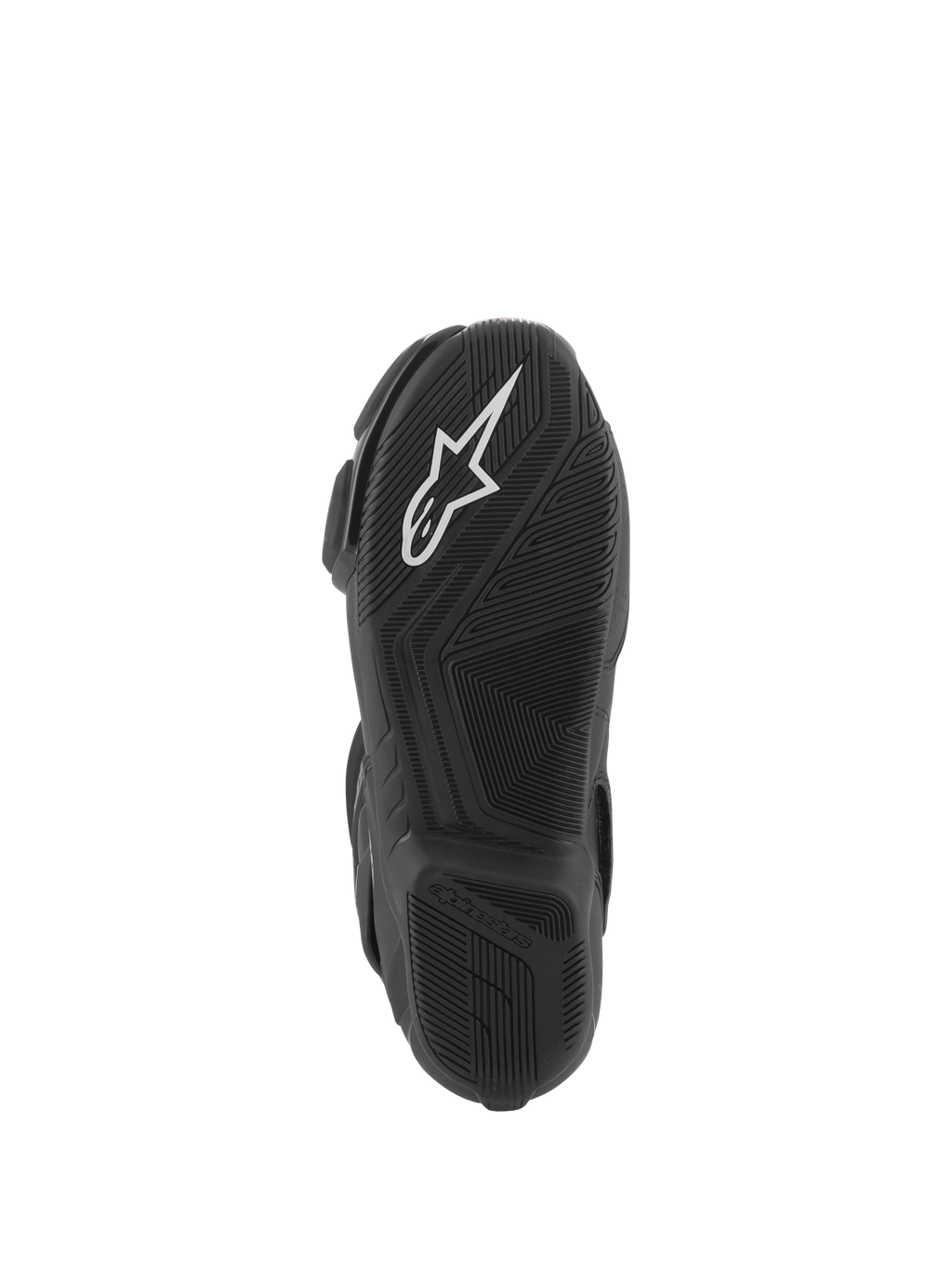 Botas Alpinestars Stella SMX-6 V3, vista de la suela, compuesto de caucho ligero negro con agarre texturizado, logotipo Alpinestars blanco, diseñadas para rendimiento en pista y calle