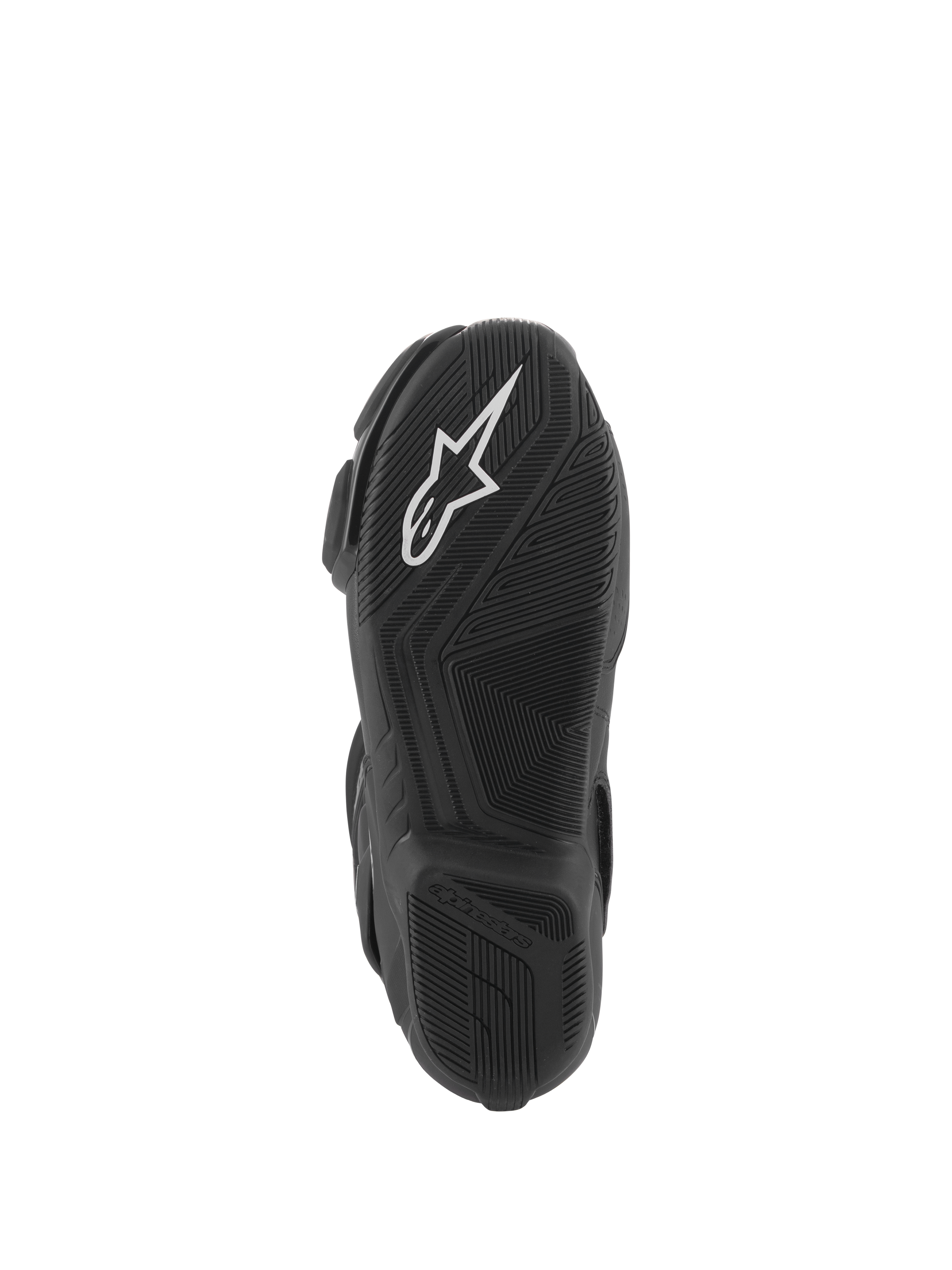 Botas Alpinestars Stella SMX-6 V3, vista de la suela, compuesto de caucho ligero negro con agarre texturizado, logotipo Alpinestars blanco, diseñadas para rendimiento en pista y calle