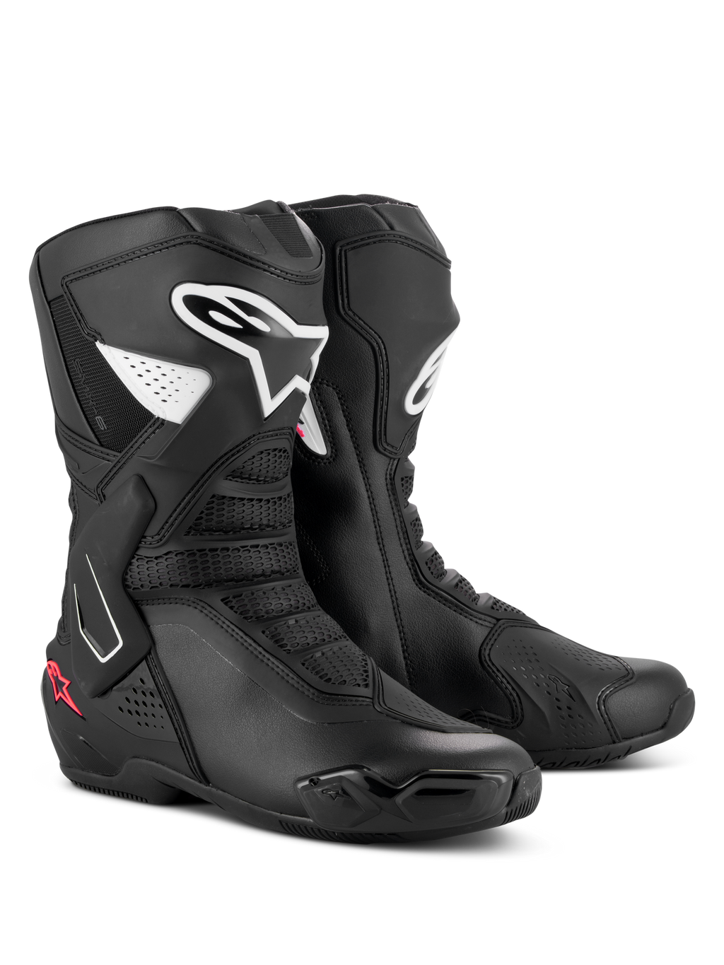 Botas Alpinestars Stella SMX-6 V3, botas de motociclismo de alto rendimiento para mujer, negro, blanco y rosa diva, con logotipos blancos de Alpinestars y detalles de estrellas en rosa, construcción de microfibra con protectores de TPU para rendimiento en pista y calle