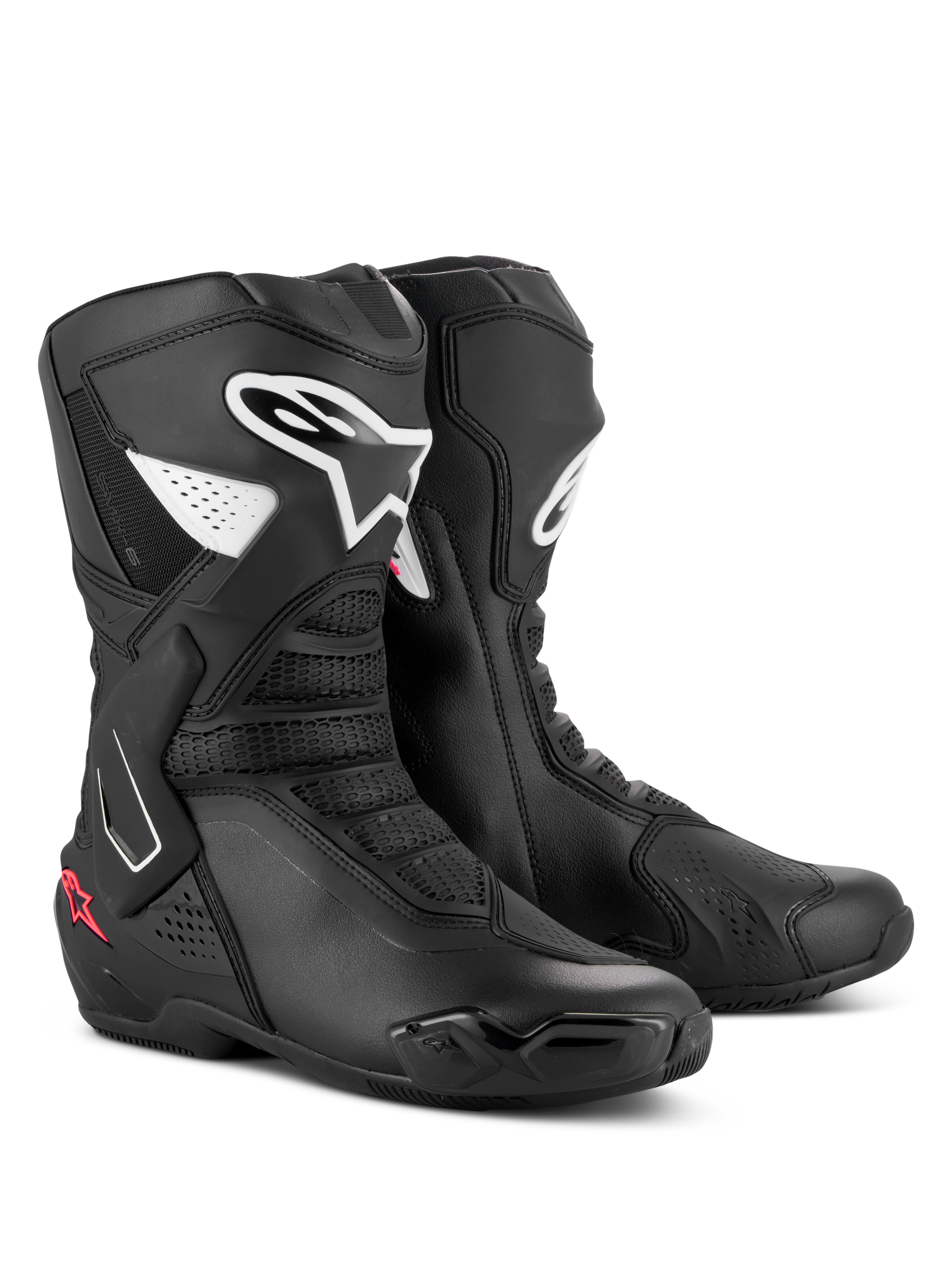 Botas Alpinestars Stella SMX-6 V3, botas de motociclismo de alto rendimiento para mujer, negro, blanco y rosa diva, con logotipos blancos de Alpinestars y detalles de estrellas en rosa, construcción de microfibra con protectores de TPU para rendimiento en pista y calle