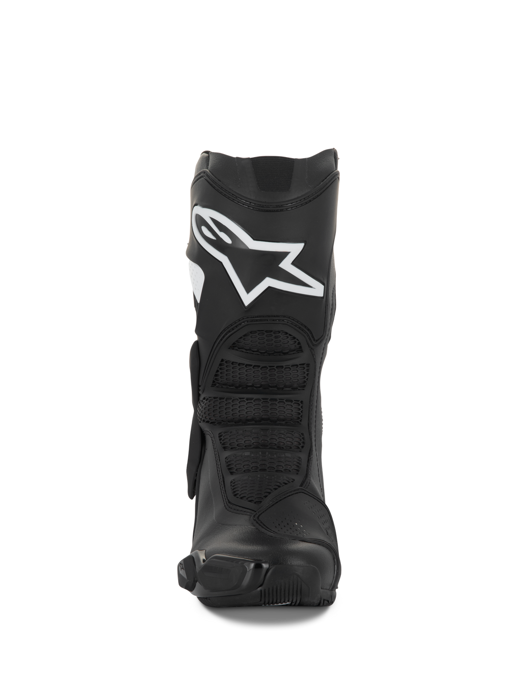 Botas Alpinestars Stella SMX-6 V3, botas de moto para mujer, negras y blancas, vista frontal que muestra el logotipo blanco de Alpinestars en la espinilla, protección de TPU y paneles de flexión ergonómicos, diseñadas para el rendimiento en pista y calle.