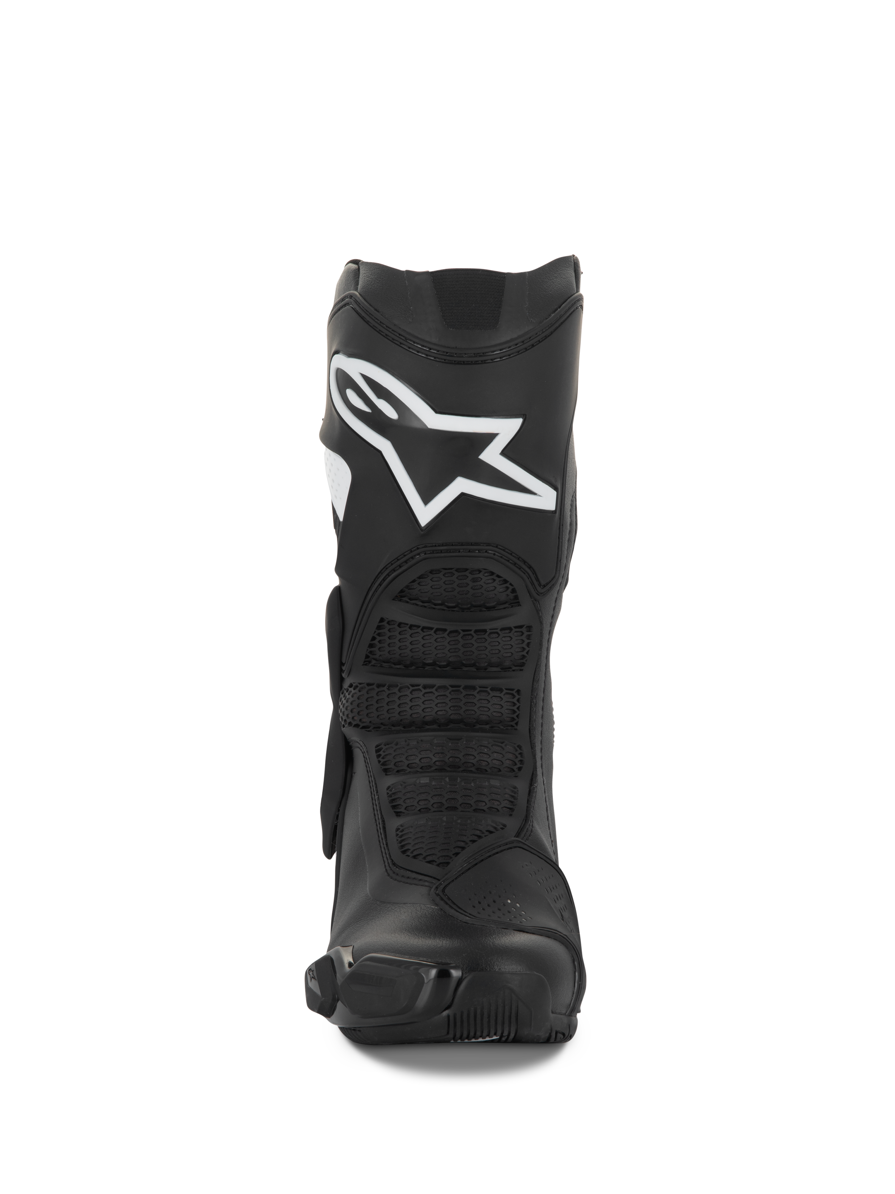 Botas Alpinestars Stella SMX-6 V3, botas de moto para mujer, negras y blancas, vista frontal que muestra el logotipo blanco de Alpinestars en la espinilla, protección de TPU y paneles de flexión ergonómicos, diseñadas para el rendimiento en pista y calle.