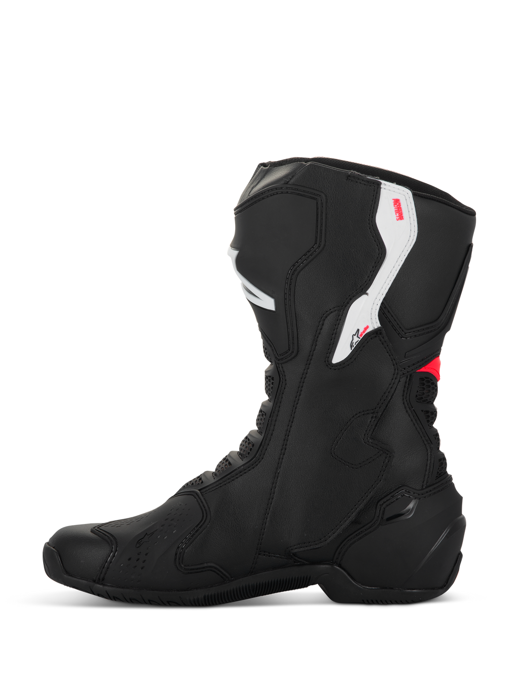 Botas Alpinestars Stella SMX-6 V3, botas de moto para mujer, negro, blanco y rosa diva, vista de perfil lateral, con construcción de microfibra, protección de TPU en tobillo y espinilla, y diseño de rendimiento aerodinámico para conducción en pista y calle.