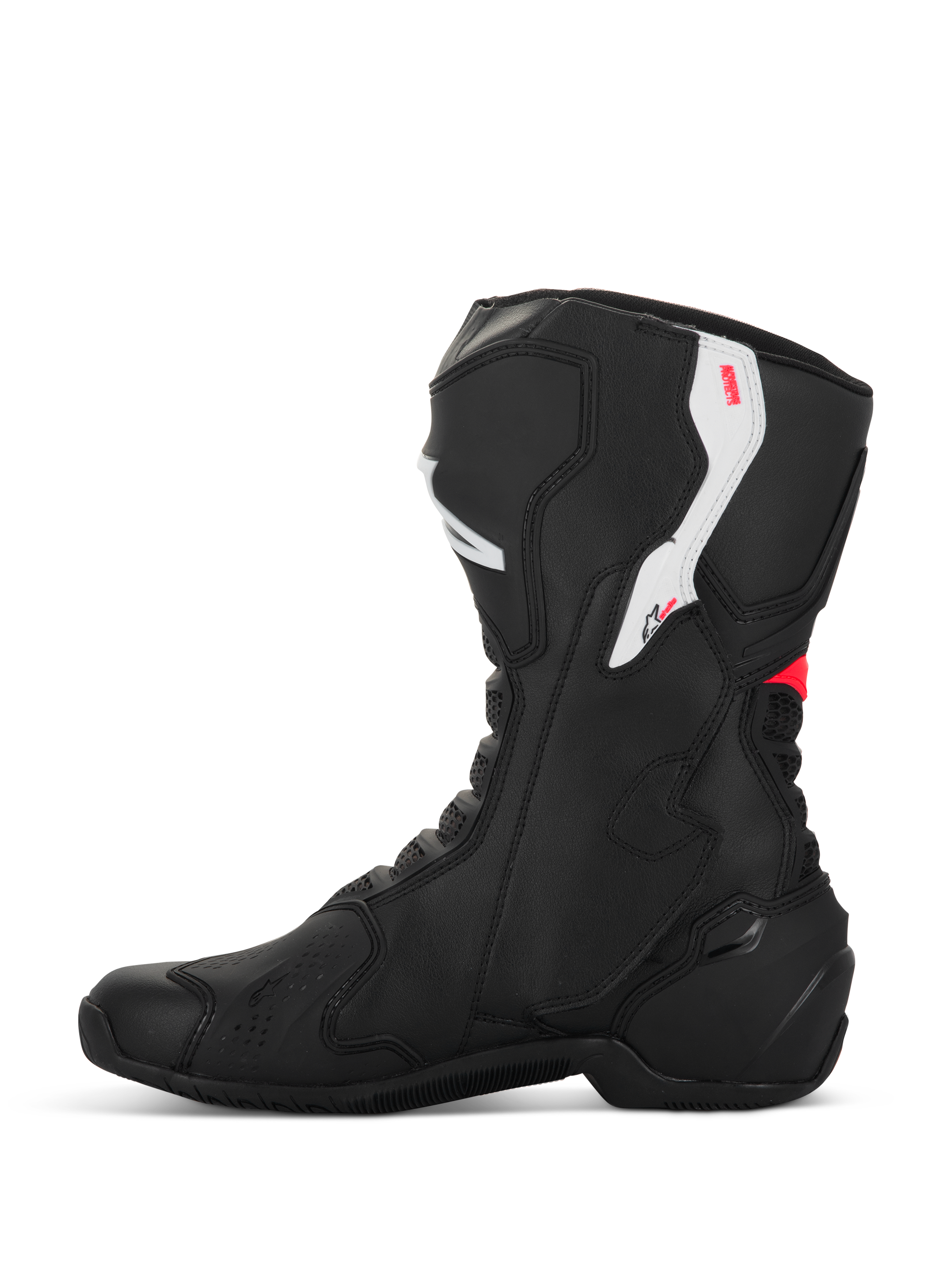 Botas Alpinestars Stella SMX-6 V3, botas de moto para mujer, negro, blanco y rosa diva, vista de perfil lateral, con construcción de microfibra, protección de TPU en tobillo y espinilla, y diseño de rendimiento aerodinámico para conducción en pista y calle.