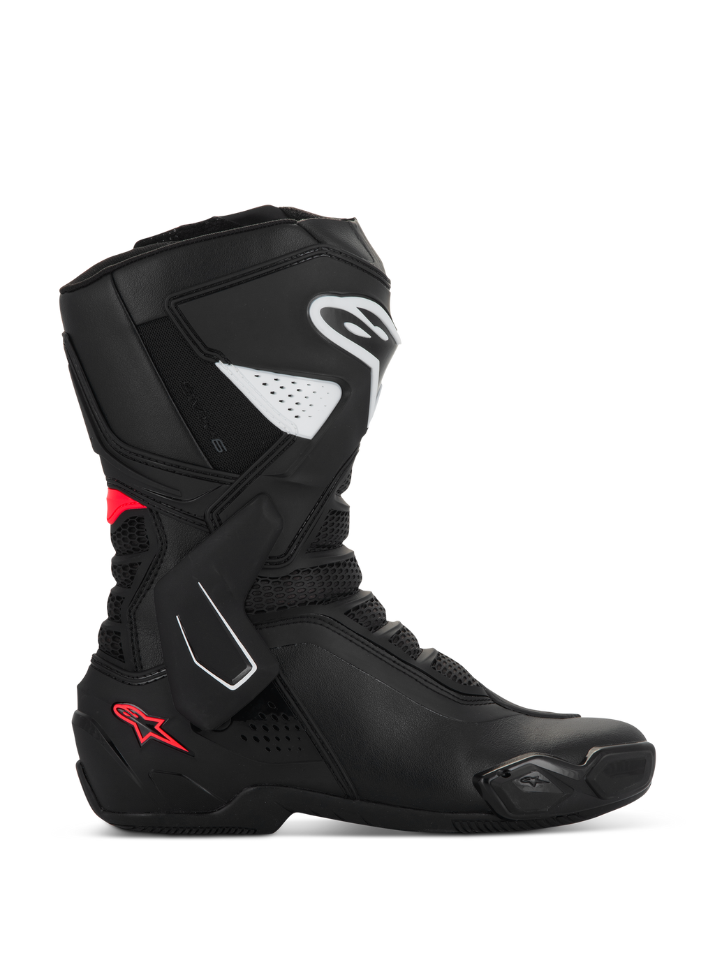 Botas Alpinestars Stella SMX-6 V3, botas de moto deportivas para mujer, negras con detalles en blanco y rosa diva, perfil lateral con protección de espinilla y tobillo de TPU, paneles flexibles de malla y confección en microfibra de alto rendimiento para circuito y calle.
