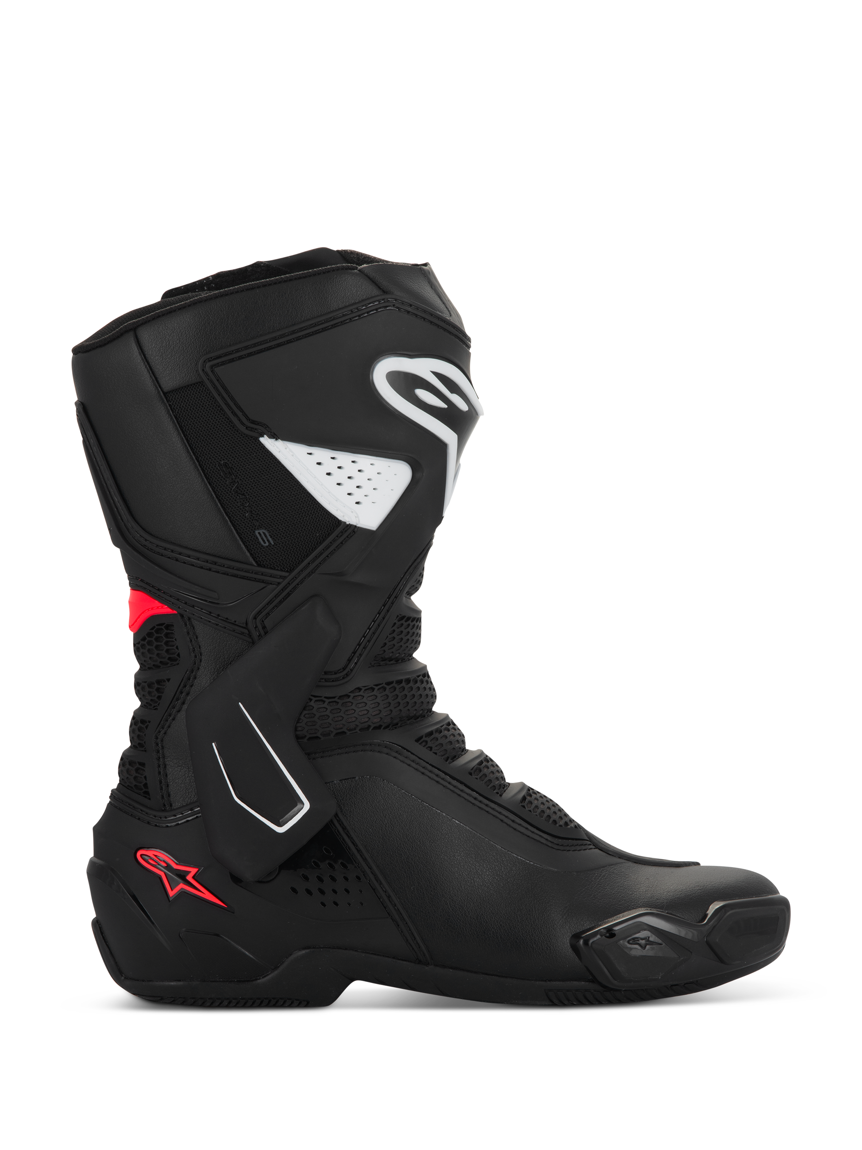 Botas Alpinestars Stella SMX-6 V3, botas de moto deportivas para mujer, negras con detalles en blanco y rosa diva, perfil lateral con protección de espinilla y tobillo de TPU, paneles flexibles de malla y confección en microfibra de alto rendimiento para circuito y calle.