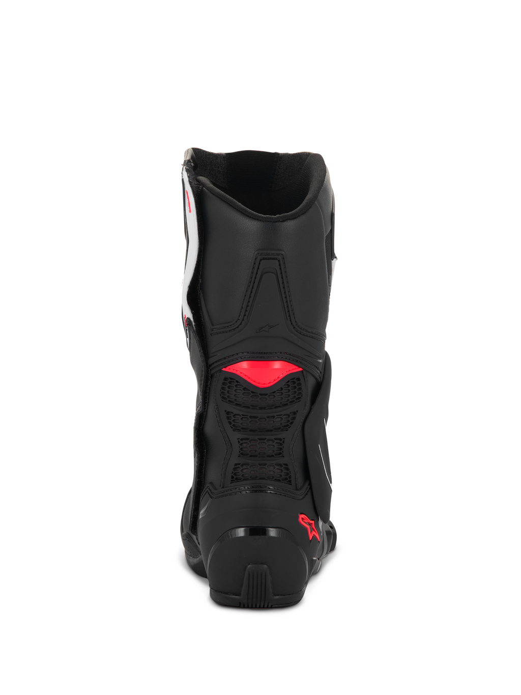 Botas Alpinestars Stella SMX-6 V3, Negro Blanco Rosa Diva, vista trasera que muestra la construcción de microfibra negra, detalles de TPU rosa en la pantorrilla y el talón, y ventilación de malla integrada para un rendimiento de conducción deportiva
