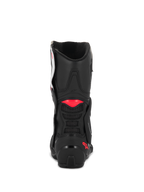Botas Alpinestars Stella SMX-6 V3, Negro Blanco Rosa Diva, vista trasera que muestra la construcción de microfibra negra, detalles de TPU rosa en la pantorrilla y el talón, y ventilación de malla integrada para un rendimiento de conducción deportiva
