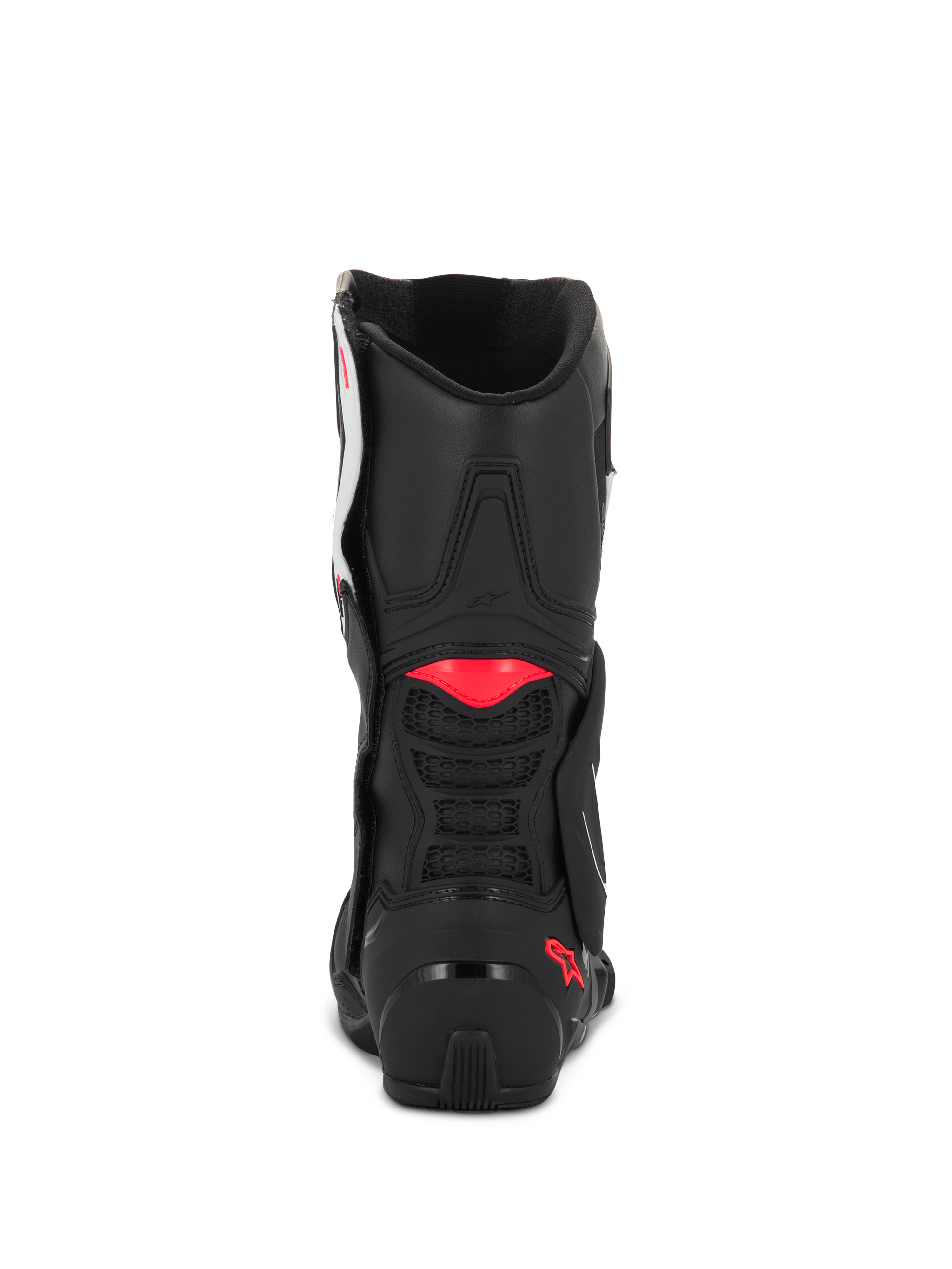 Botas Alpinestars Stella SMX-6 V3, Negro Blanco Rosa Diva, vista trasera que muestra la construcción de microfibra negra, detalles de TPU rosa en la pantorrilla y el talón, y ventilación de malla integrada para un rendimiento de conducción deportiva