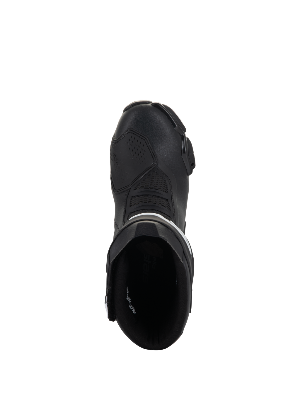 Botas Alpinestars Stella SMX-6 V3, botas de motociclismo de competición y deportivas para mujer, negro y blanco, vista superior que muestra la abertura de entrada y la puntera aerodinámica, construcción de microfibra duradera.