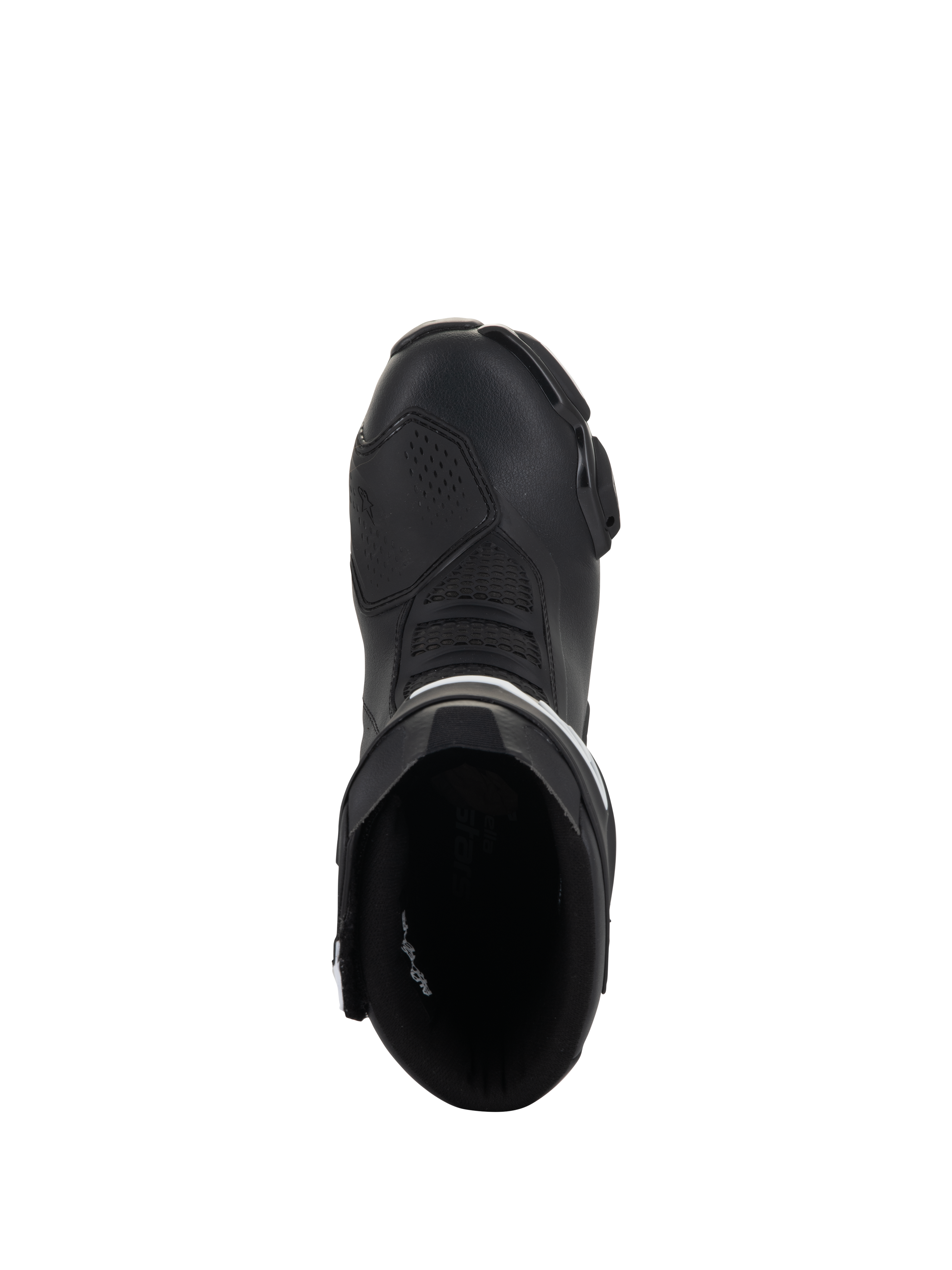 Botas Alpinestars Stella SMX-6 V3, botas de motociclismo de competición y deportivas para mujer, negro y blanco, vista superior que muestra la abertura de entrada y la puntera aerodinámica, construcción de microfibra duradera.