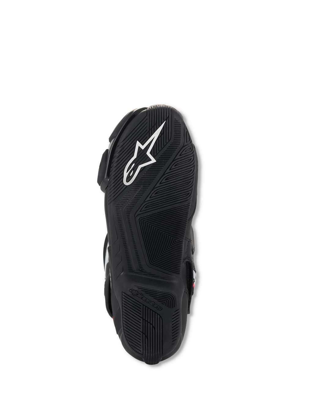 Botas Alpinestars Stella SMX-6 V3, vista de la suela inferior, caucho ligero negro con patrones de agarre texturizados, con el logotipo blanco de Alpinestars y marca en relieve para mayor tracción y control de los pedales