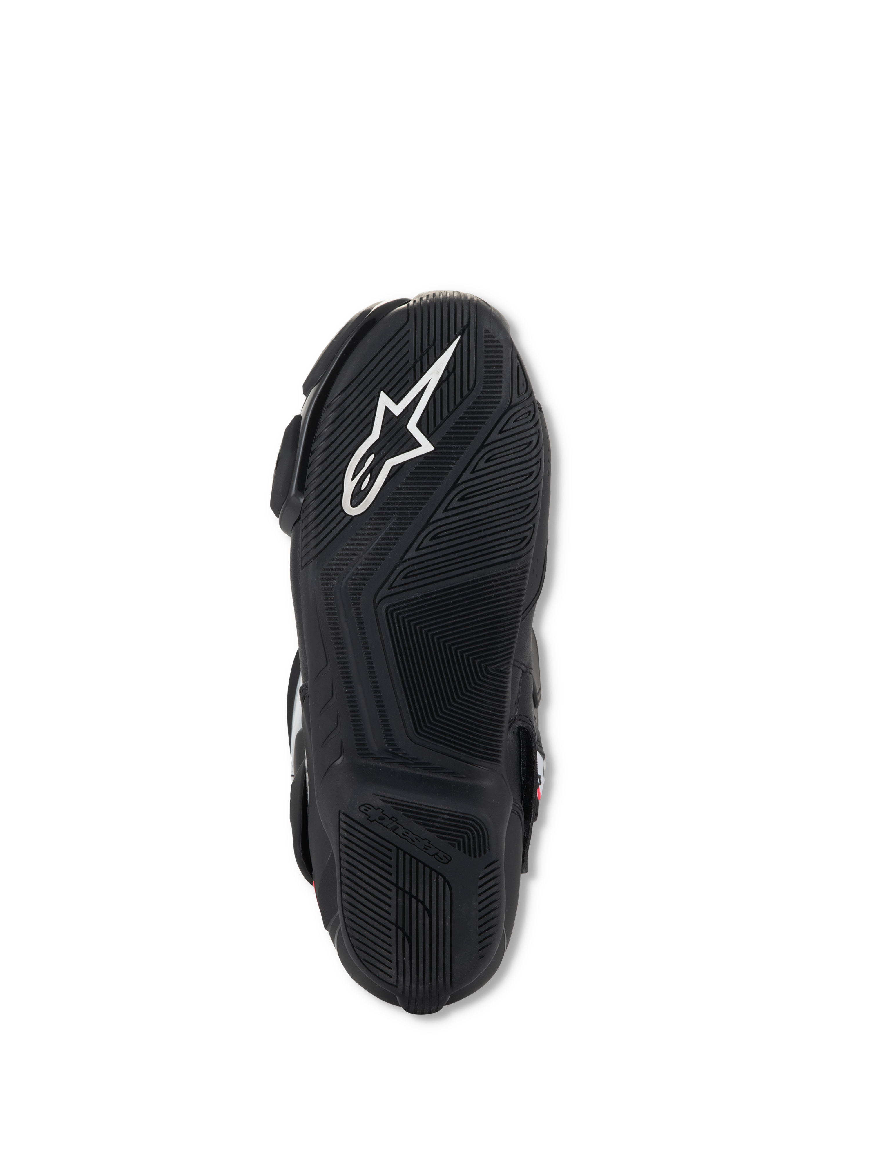 Botas Alpinestars Stella SMX-6 V3, vista de la suela inferior, caucho ligero negro con patrones de agarre texturizados, con el logotipo blanco de Alpinestars y marca en relieve para mayor tracción y control de los pedales
