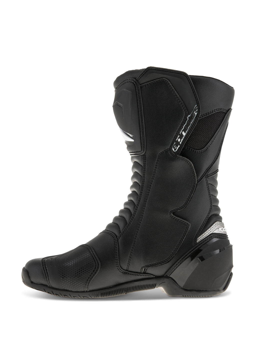 Alpinestars SMX S Boots, Motorcycle Riding Boots, Black on Black, side profile view, featuring durable microfiber upper, PU shin and heel protectors, ergonomic design for sport and road riding