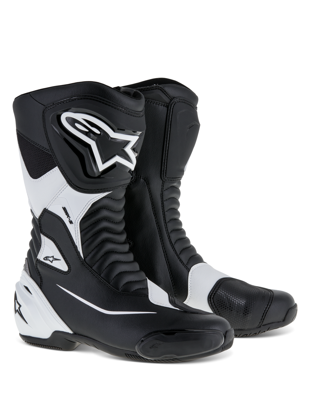 Botas Alpinestars SMX S, botas deportivas de moto, negro y blanco, con parte superior de microfibra duradera, protecciones de PU en espinilla y talón, paneles flexibles de acordeón y logotipo distintivo de Alpinestars, calzado de alto rendimiento para carretera.