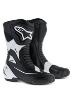 Botas Alpinestars SMX S, botas deportivas de moto, negro y blanco, con parte superior de microfibra duradera, protecciones de PU en espinilla y talón, paneles flexibles de acordeón y logotipo distintivo de Alpinestars, calzado de alto rendimiento para carretera.
