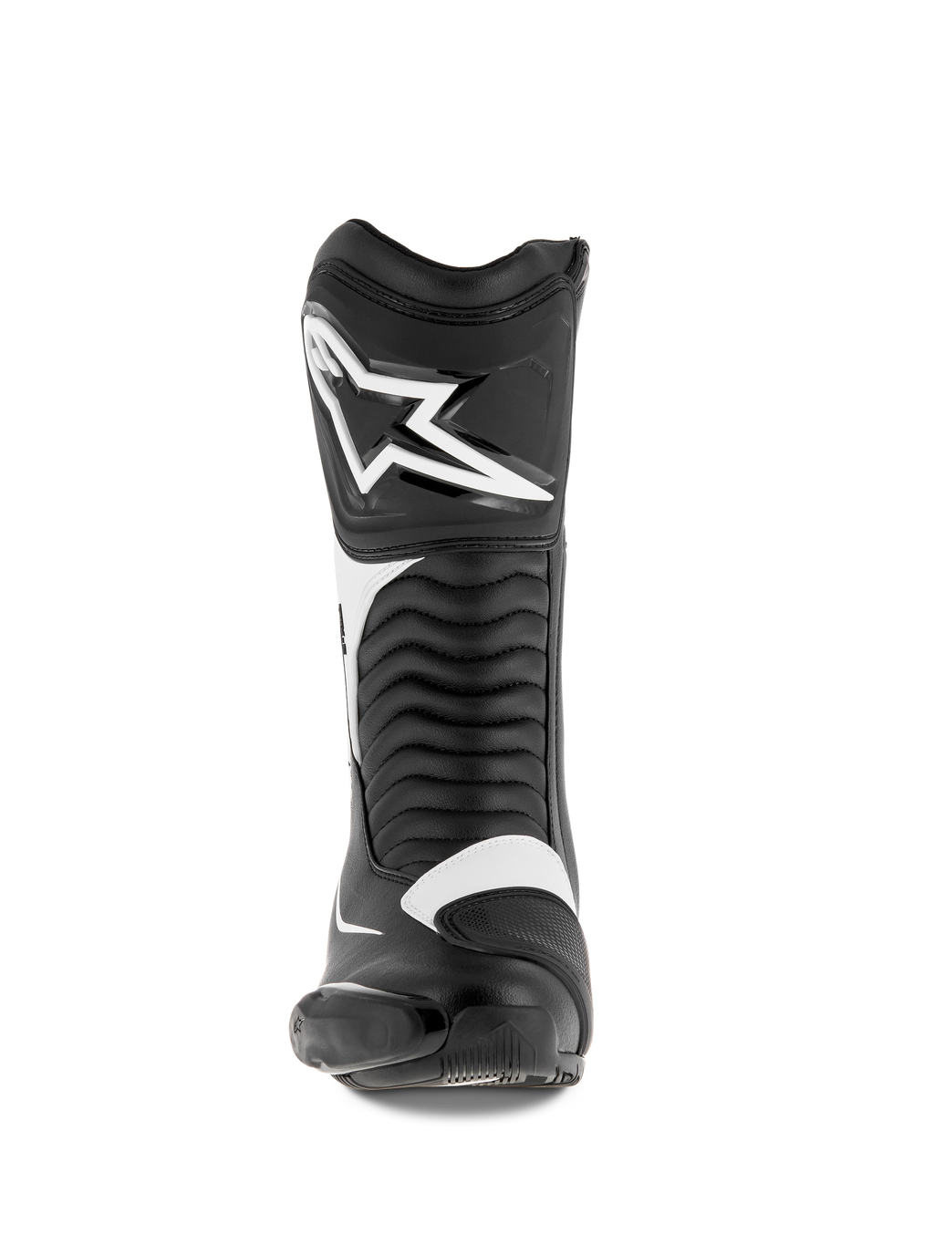 Botas Alpinestars SMX S, botas de moto, negro y blanco, vista frontal con un gran logotipo blanco de Alpinestars en la espinilla, paneles flexibles de acordeón y construcción de microfibra duradera con protectores de PU