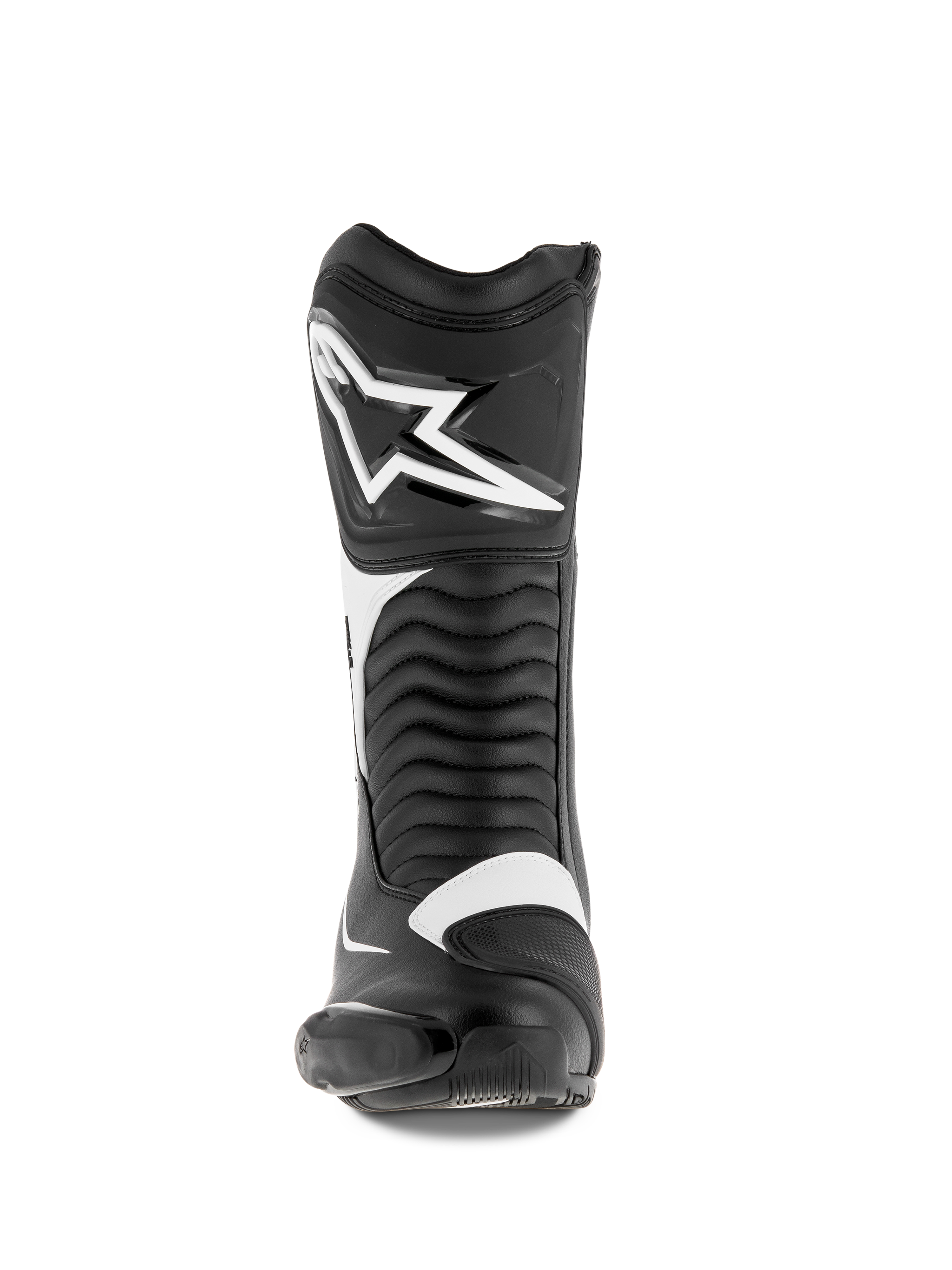 Botas Alpinestars SMX S, botas de moto, negro y blanco, vista frontal con un gran logotipo blanco de Alpinestars en la espinilla, paneles flexibles de acordeón y construcción de microfibra duradera con protectores de PU