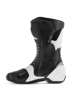 Alpinestars SMX S Boots, botas de moto deportivas para carretera, negras y blancas, perfil lateral que muestra la parte superior de microfibra duradera con protectores reforzados en espinilla, tobillo y talón, paneles de contraste blancos y zonas de flexión tipo acordeón