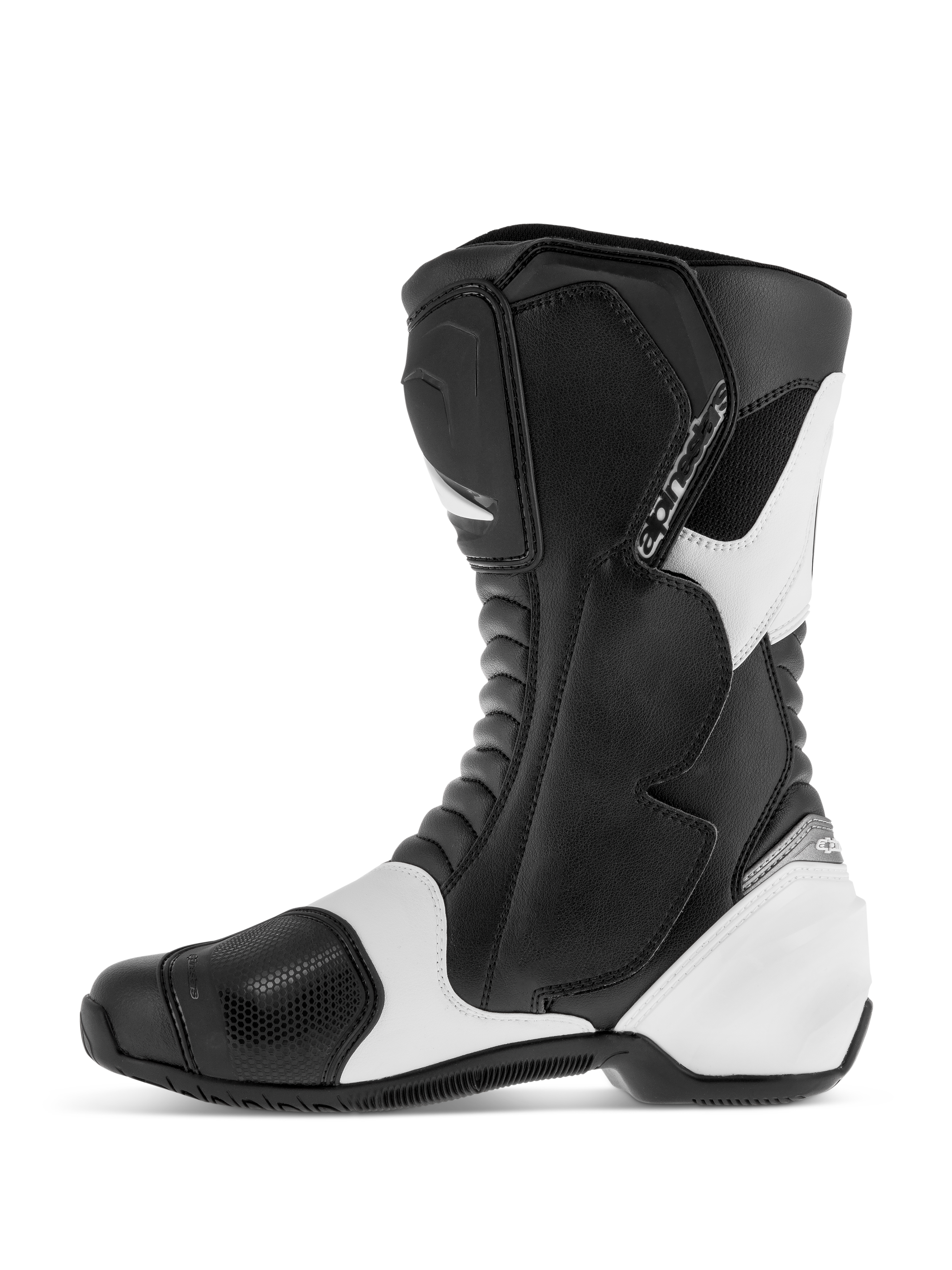 Alpinestars SMX S Boots, botas de moto deportivas para carretera, negras y blancas, perfil lateral que muestra la parte superior de microfibra duradera con protectores reforzados en espinilla, tobillo y talón, paneles de contraste blancos y zonas de flexión tipo acordeón