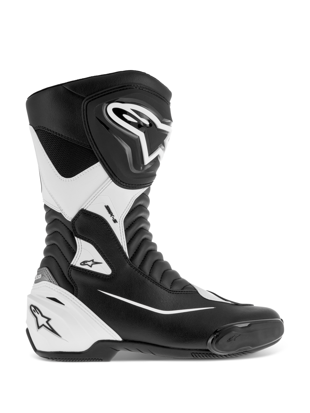 Alpinestars SMX S Boots, botas de motociclismo deportivo, en negro y blanco, con parte superior de microfibra duradera, protecciones de PU en espinilla y talón, zonas de flexión en acordeón y deslizador de dedos integrado, con certificación CE para conducción deportiva y en carretera.