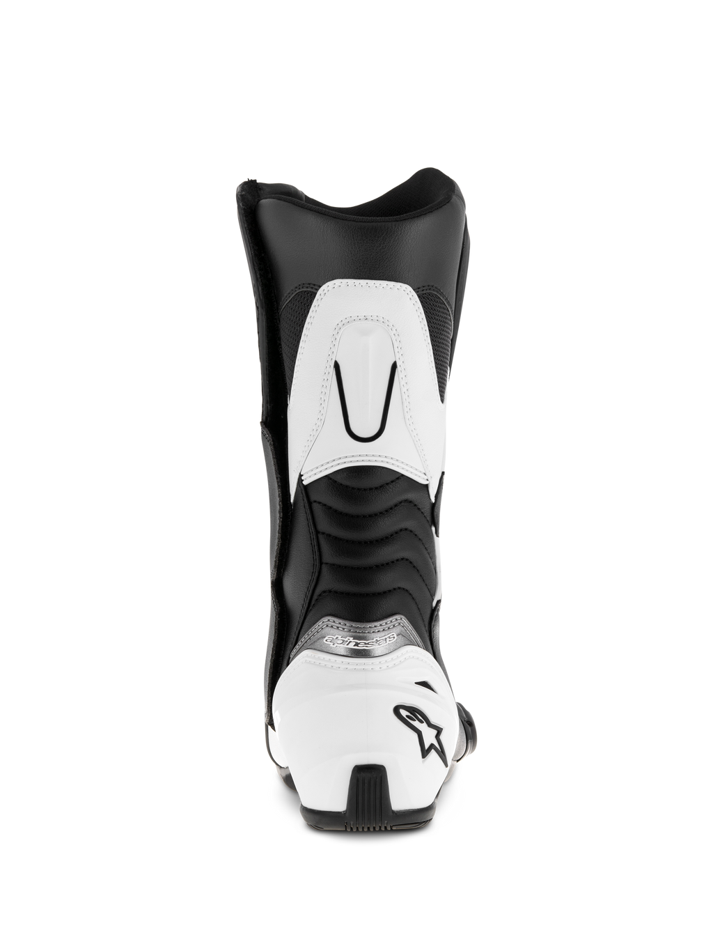 Botas Alpinestars SMX S, negro y blanco, vista trasera que muestra el contrafuerte del talón blanco con el logotipo de la estrella negra, paneles flexibles de acordeón acanalados y refuerzo blanco en la parte superior de la pantorrilla, botas de microfibra duradera para motociclismo deportivo