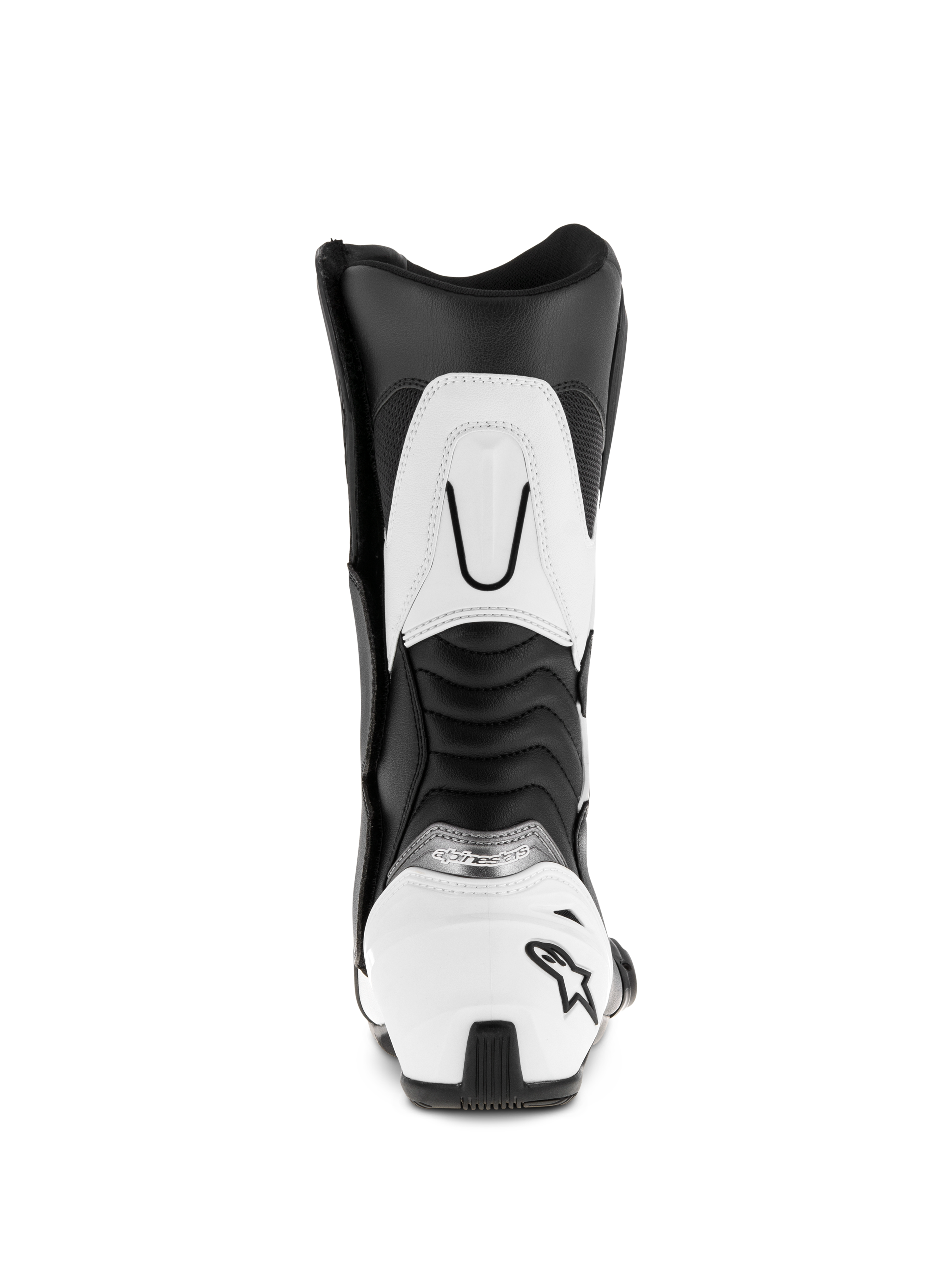 Botas Alpinestars SMX S, negro y blanco, vista trasera que muestra el contrafuerte del talón blanco con el logotipo de la estrella negra, paneles flexibles de acordeón acanalados y refuerzo blanco en la parte superior de la pantorrilla, botas de microfibra duradera para motociclismo deportivo