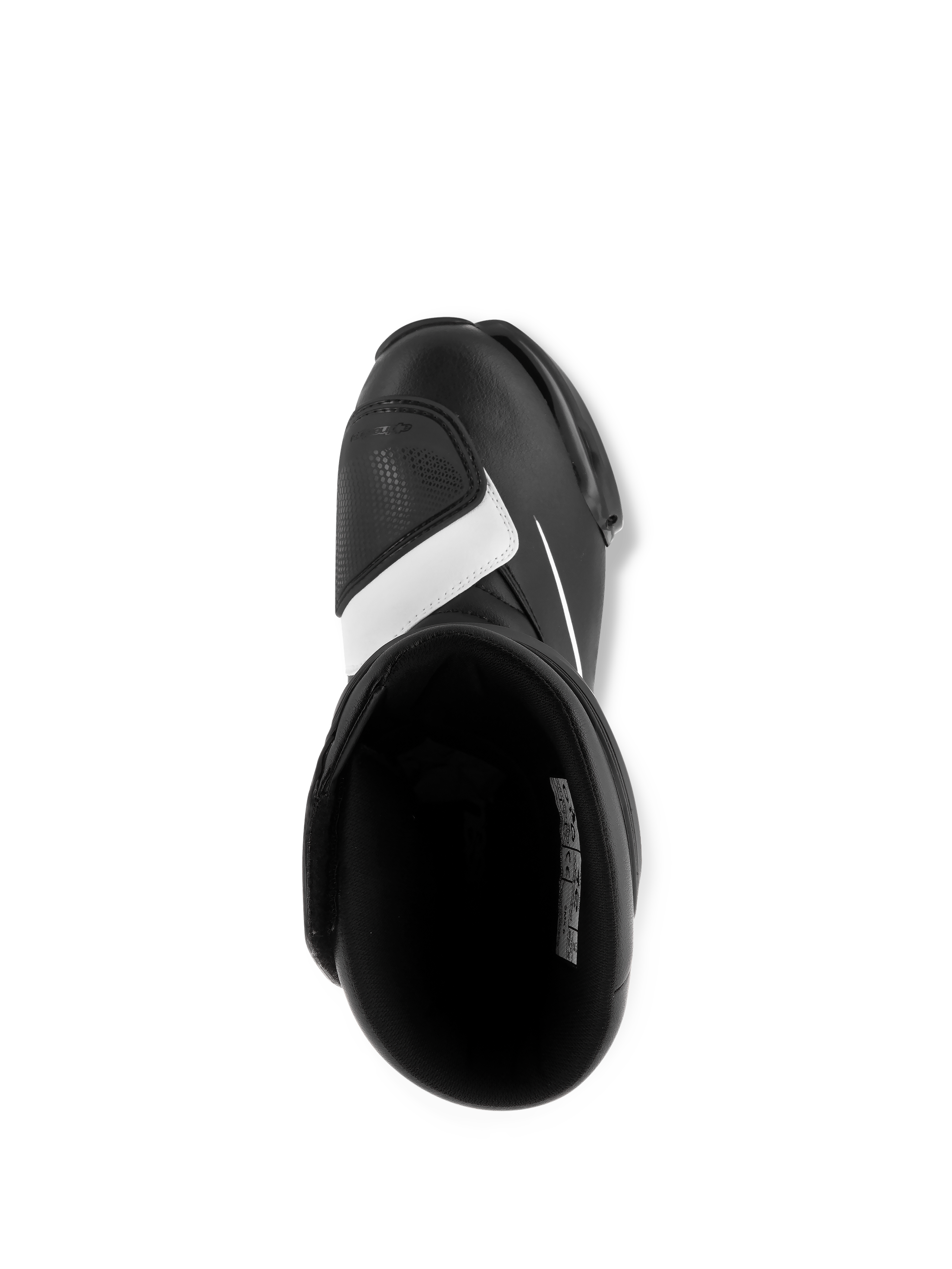 Botas Alpinestars SMX S, negro y blanco, vista superior que muestra el interior y la almohadilla de cambio en la puntera, confección en microfibra duradera, calzado deportivo para motocicleta