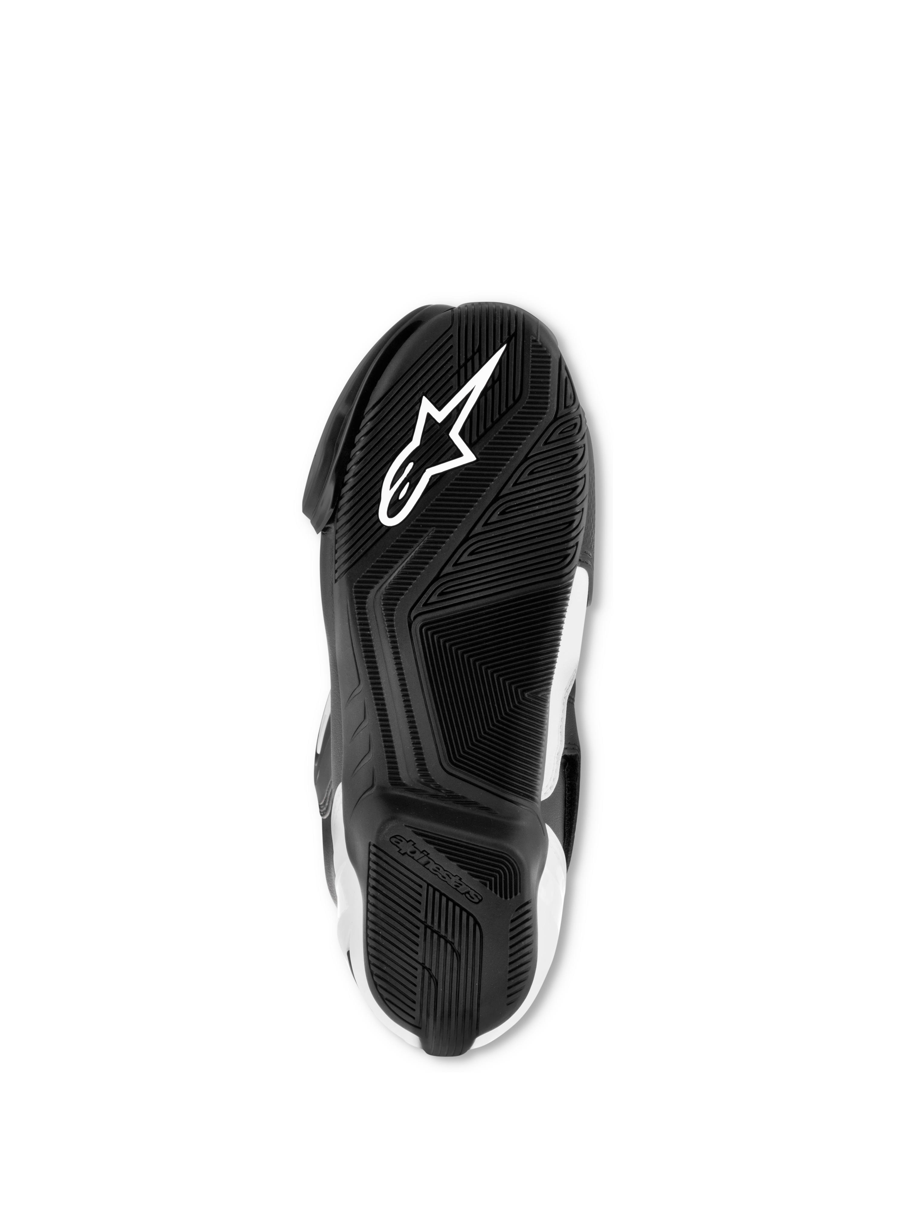 Botas Alpinestars SMX S, negro y blanco, vista inferior de la suela de compuesto de goma exclusivo, con logotipo Astar blanco y patrón de agarre texturizado para tracción y soporte.