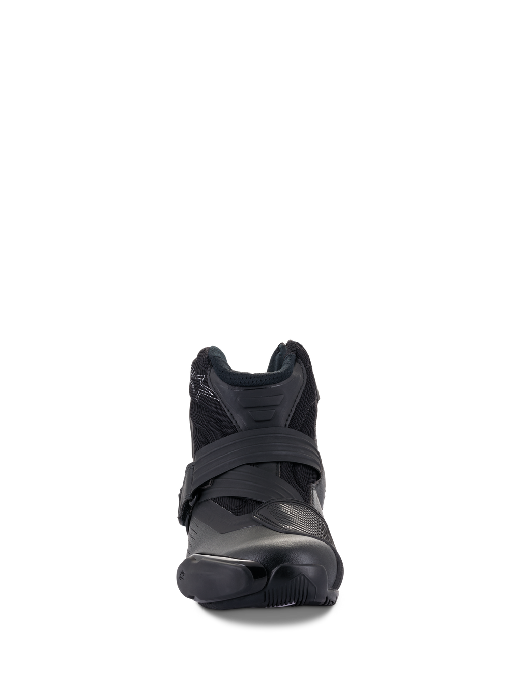Botas Alpinestars SMX-1 R V2 Vented, color negro, calzado de conducción de alto rendimiento de corte bajo, vista frontal que muestra el cierre de correa y la protección de TPU en la puntera, parte superior de microfibra ventilada