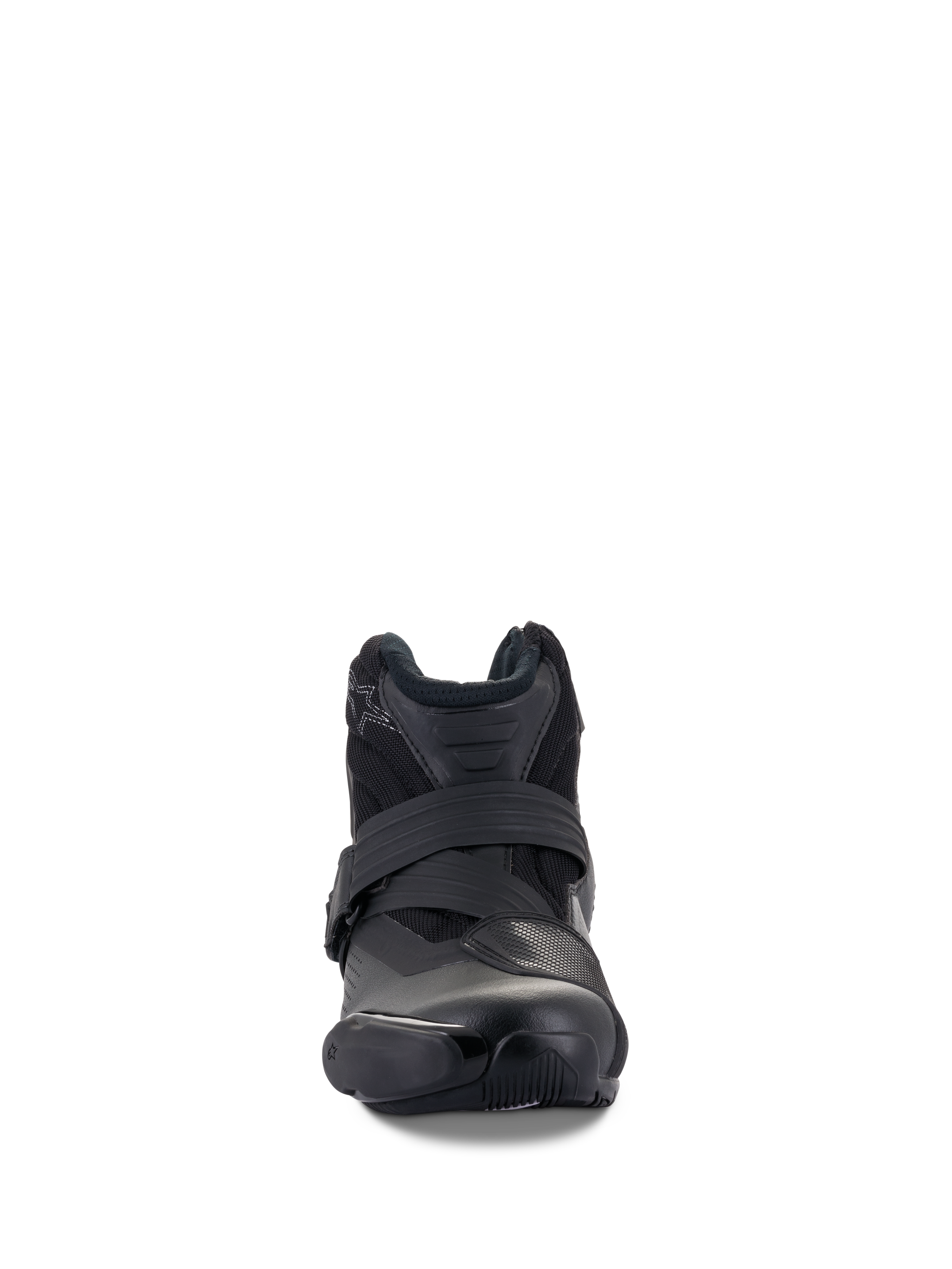 Botas Alpinestars SMX-1 R V2 Vented, color negro, calzado de conducción de alto rendimiento de corte bajo, vista frontal que muestra el cierre de correa y la protección de TPU en la puntera, parte superior de microfibra ventilada