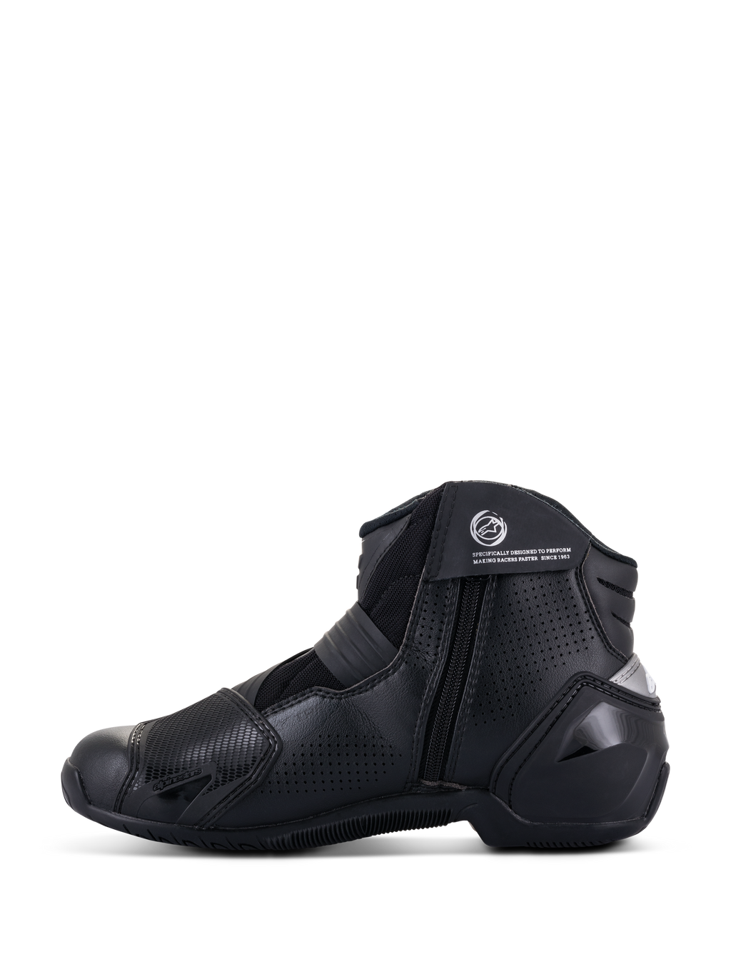 Botas Alpinestars SMX-1 R V2 Vented, Negro, calzado de motociclismo de alto rendimiento de corte bajo, vista de perfil lateral que muestra la parte superior de microfibra perforada, protectores de TPU y cierre de cremallera lateral.