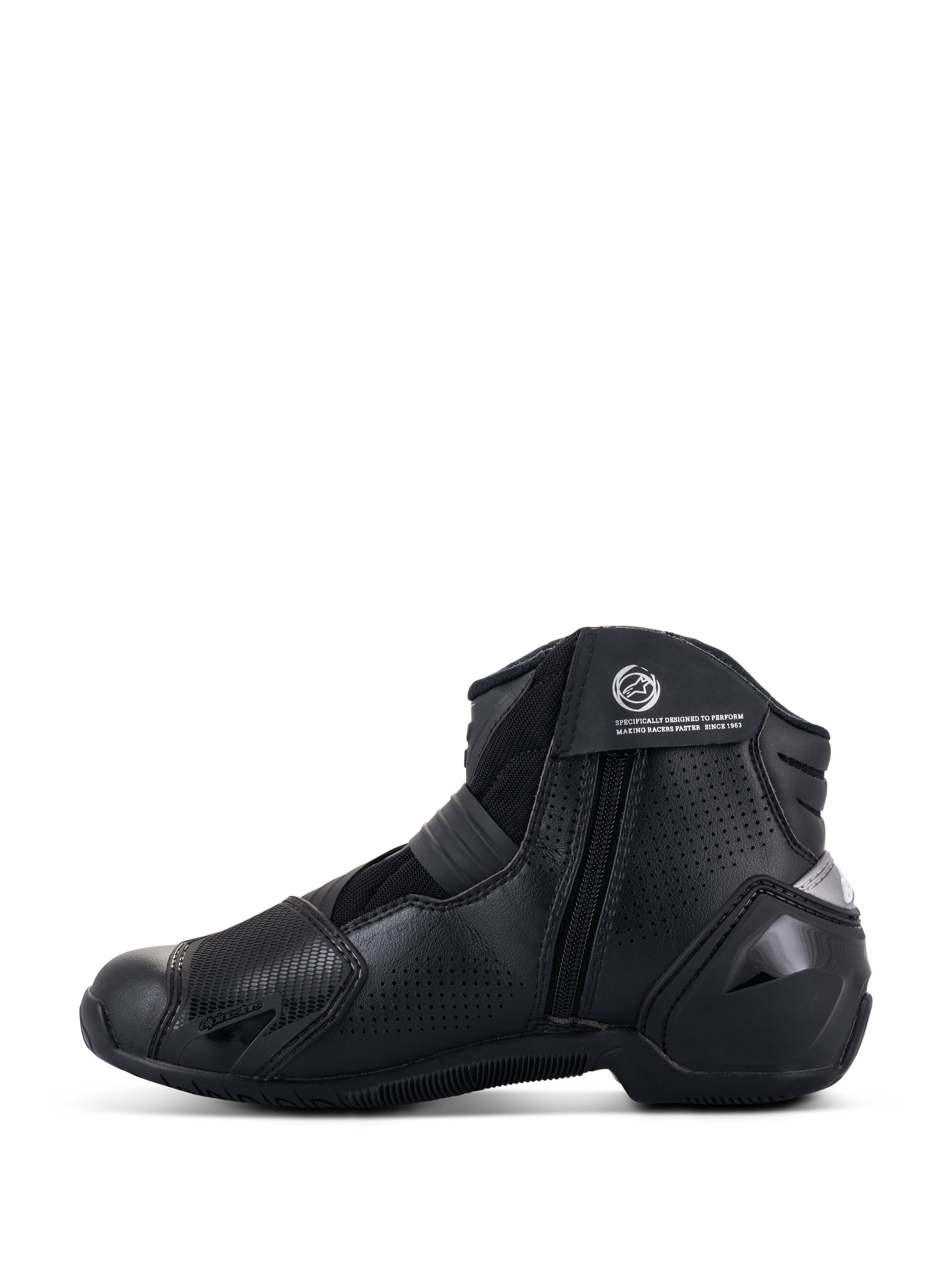 Botas Alpinestars SMX-1 R V2 Vented, Negro, calzado de motociclismo de alto rendimiento de corte bajo, vista de perfil lateral que muestra la parte superior de microfibra perforada, protectores de TPU y cierre de cremallera lateral.