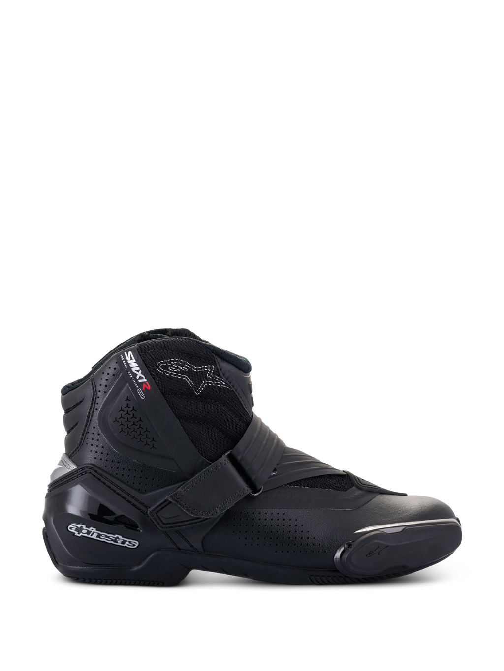 Alpinestars SMX-1 R V2 Vented Boots, botas de moto de corte bajo negras, perfil lateral con paneles de microfibra perforados, protección de talón en TPU y deslizador de puntera, cierre con correa de velcro, calzado deportivo para carretera