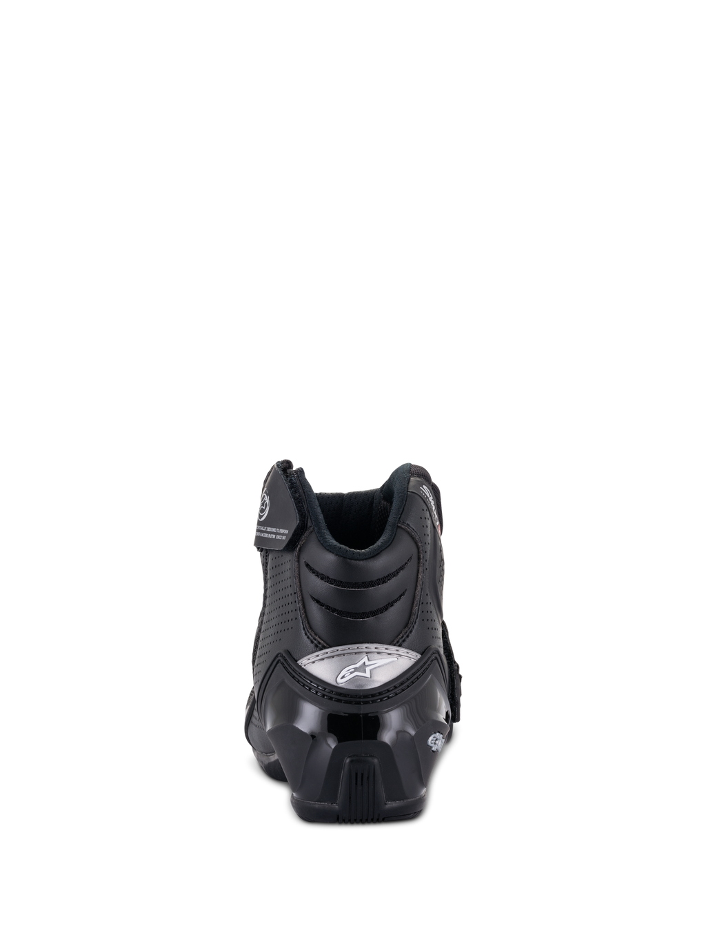 Botas Alpinestars SMX-1 R V2 Vented, calzado de moto de corte bajo, negro, vista trasera con protector de talón de TPU brillante y logo plateado, microfibra perforada para ventilación y diseño ergonómico para conducción deportiva