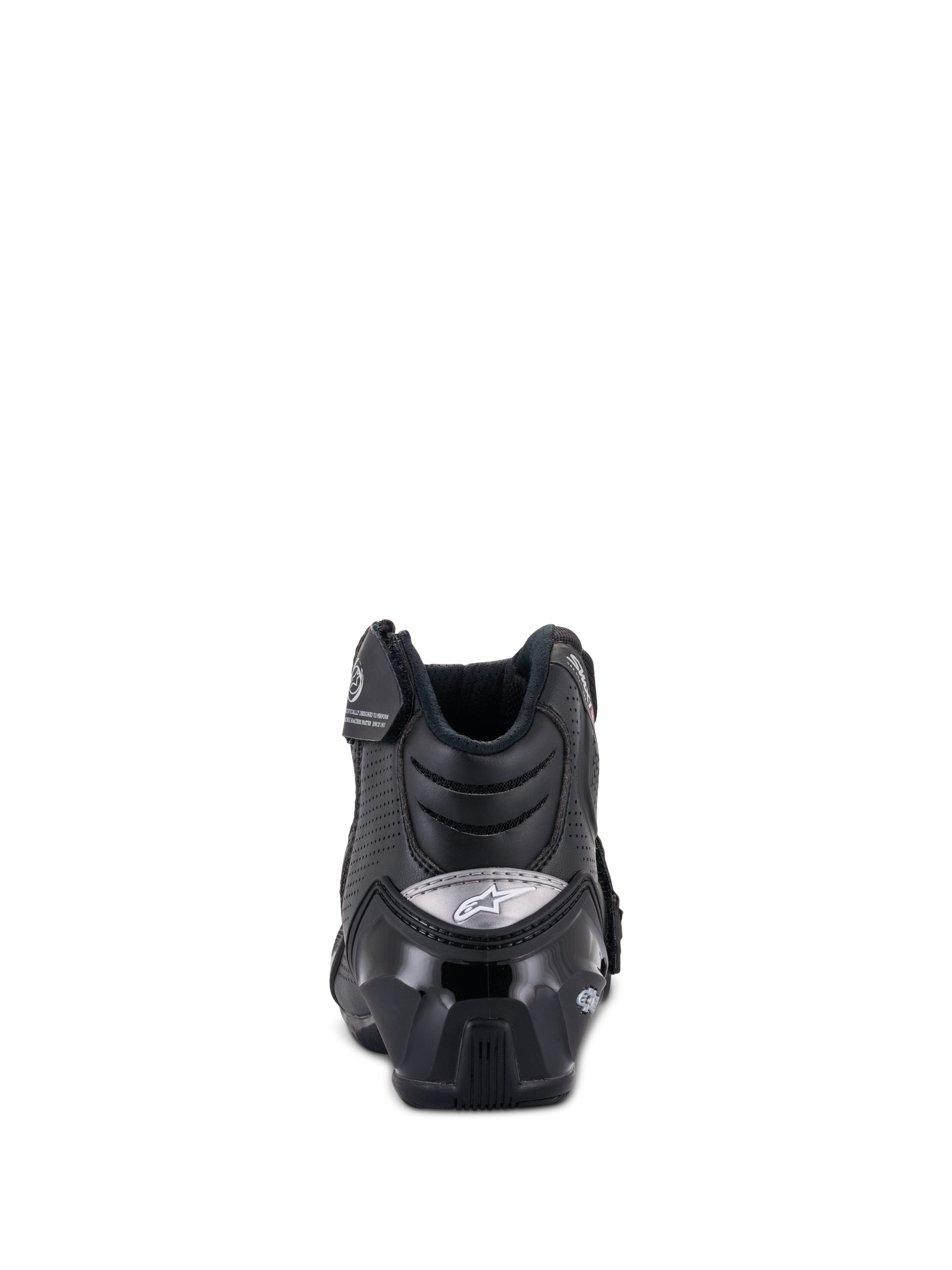 Botas Alpinestars SMX-1 R V2 Vented, calzado de moto de corte bajo, negro, vista trasera con protector de talón de TPU brillante y logo plateado, microfibra perforada para ventilación y diseño ergonómico para conducción deportiva