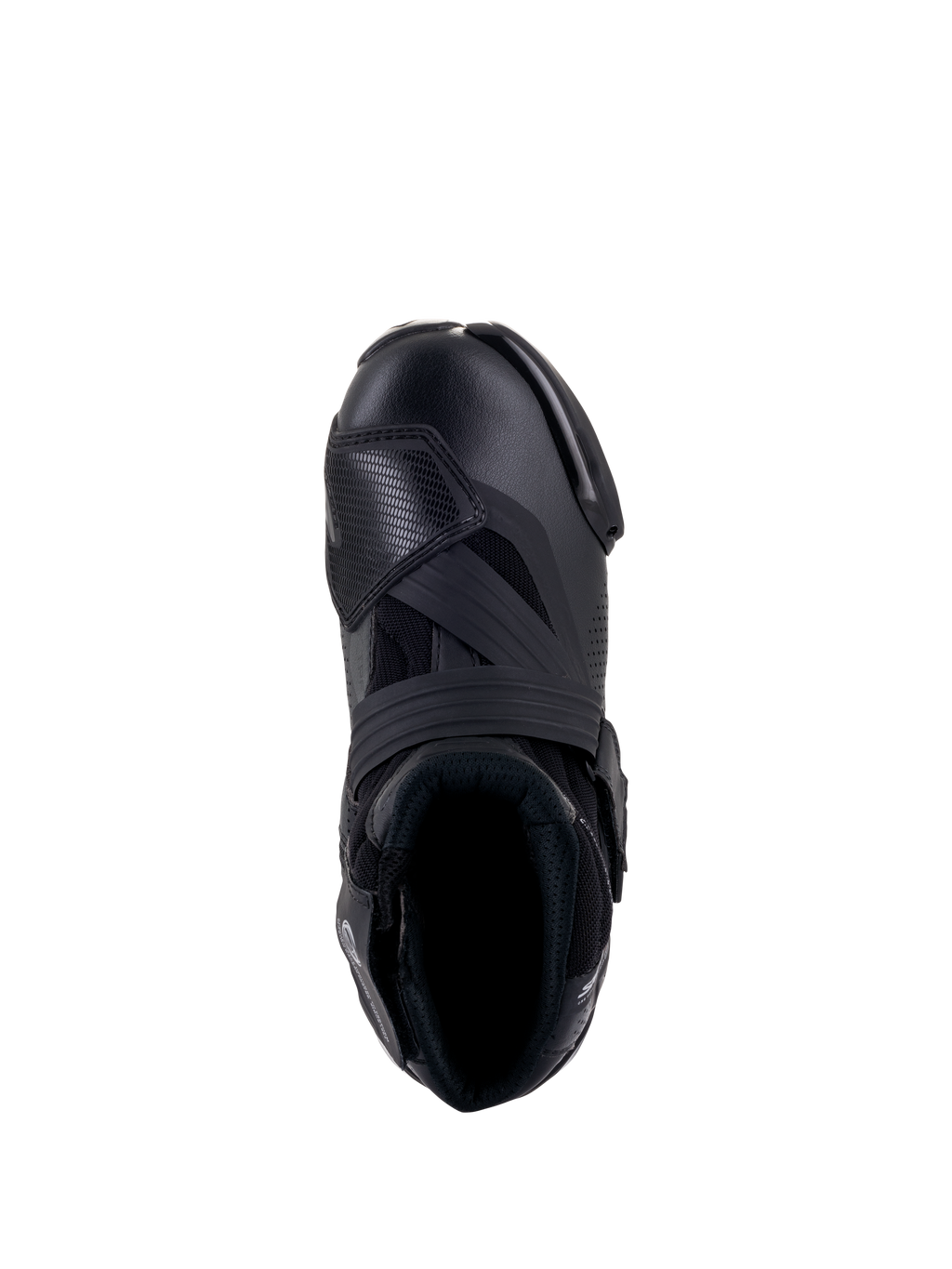 Botas Alpinestars SMX-1 R V2 Vented, color negro, vista superior que muestra la parte superior de microfibra ventilada, la almohadilla de cambio de TPU y el cuello ergonómico para una conducción de alto rendimiento.