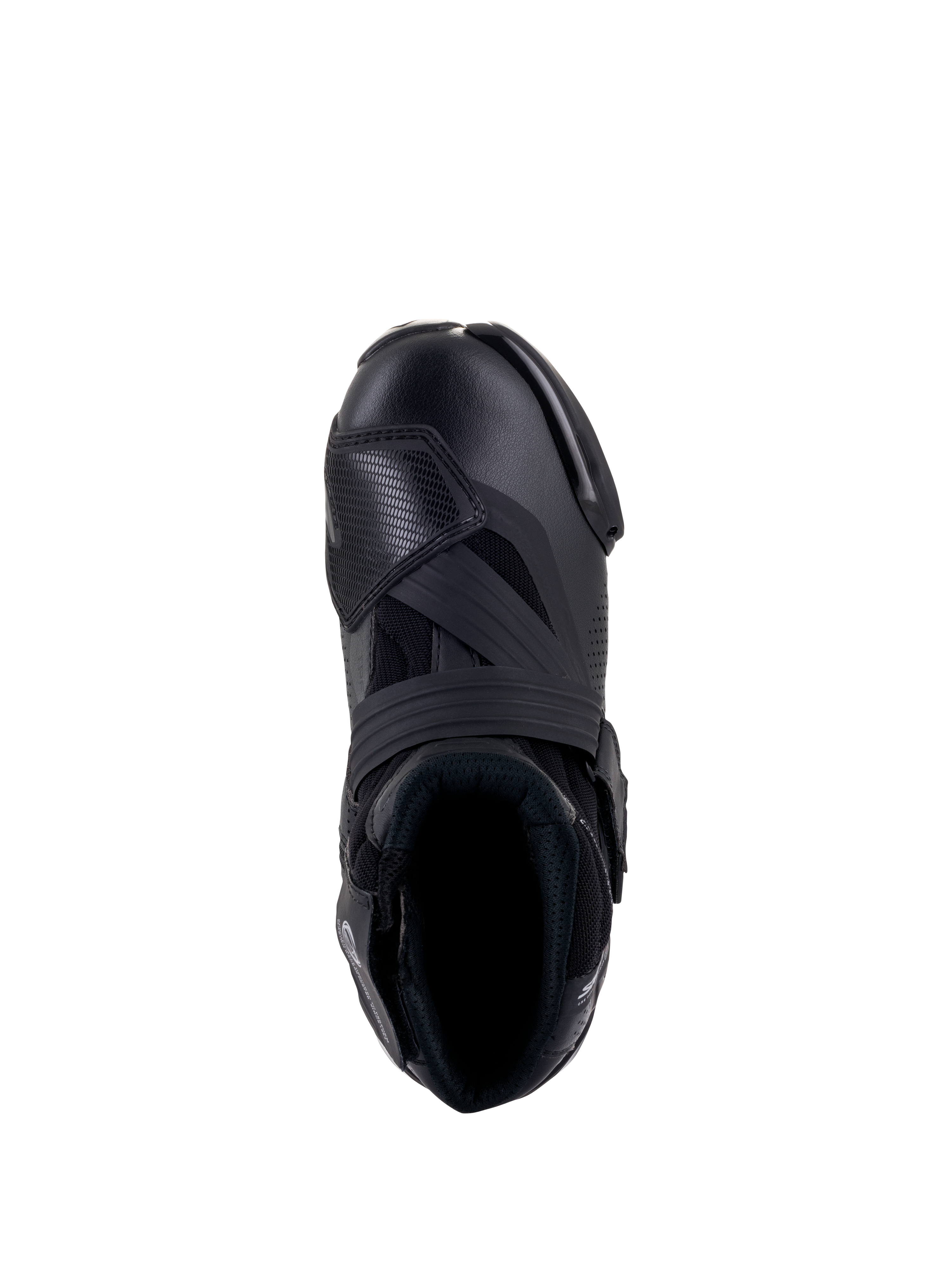 Botas Alpinestars SMX-1 R V2 Vented, color negro, vista superior que muestra la parte superior de microfibra ventilada, la almohadilla de cambio de TPU y el cuello ergonómico para una conducción de alto rendimiento.