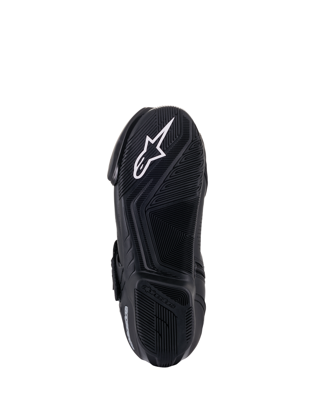Botas Alpinestars SMX-1 R V2 Vented, vista inferior de la suela, negro, logotipo de la estrella de Alpinestars en blanco sobre suela de compuesto de goma texturizada con patrón de agarre avanzado