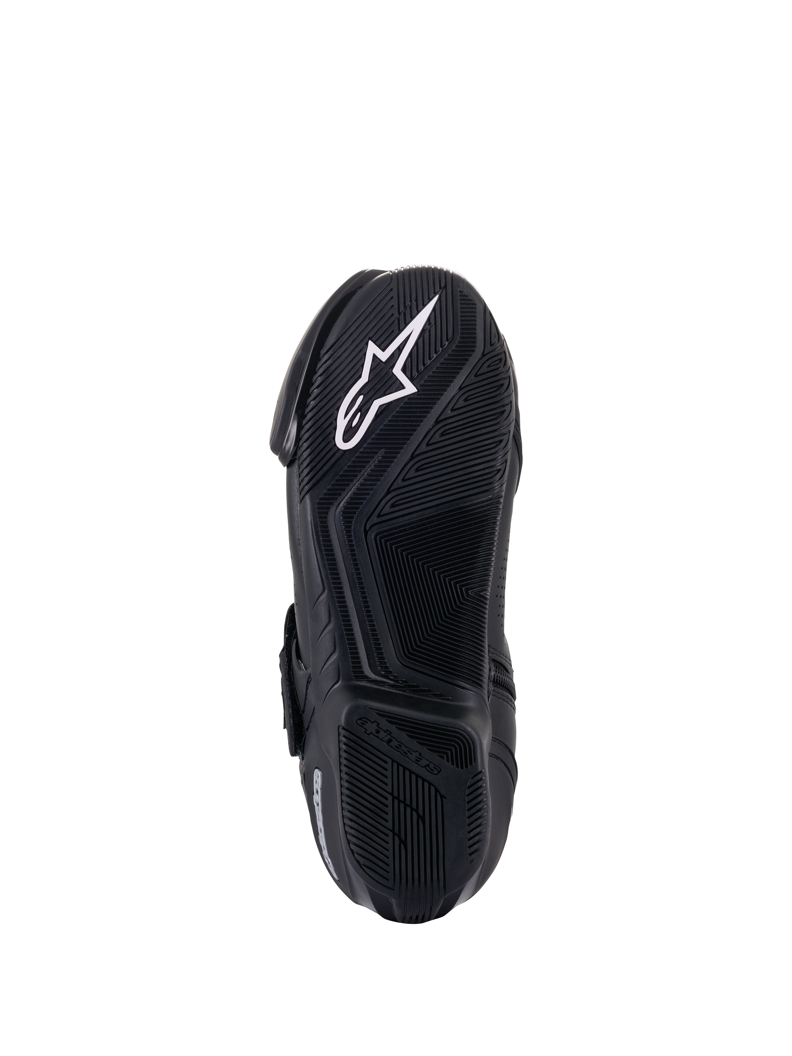 Botas Alpinestars SMX-1 R V2 Vented, vista inferior de la suela, negro, logotipo de la estrella de Alpinestars en blanco sobre suela de compuesto de goma texturizada con patrón de agarre avanzado