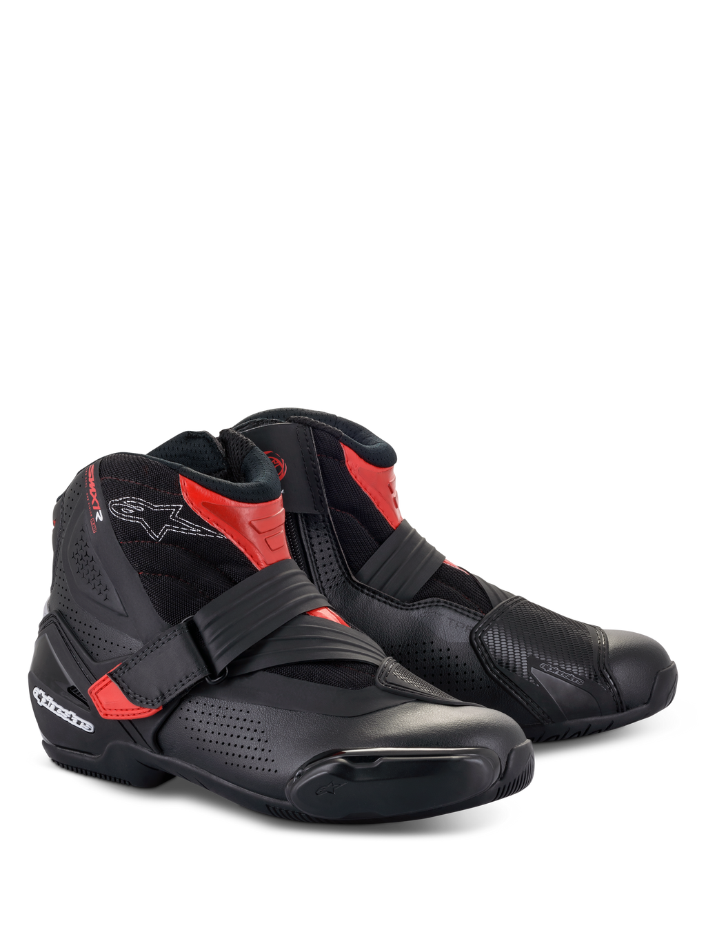 Botas Alpinestars SMX-1 R V2 Vented, calzado de moto de corte bajo, negro y rojo, con microfibra perforada para el flujo de aire, protección de TPU y cierre de correa para conducción deportiva en carretera