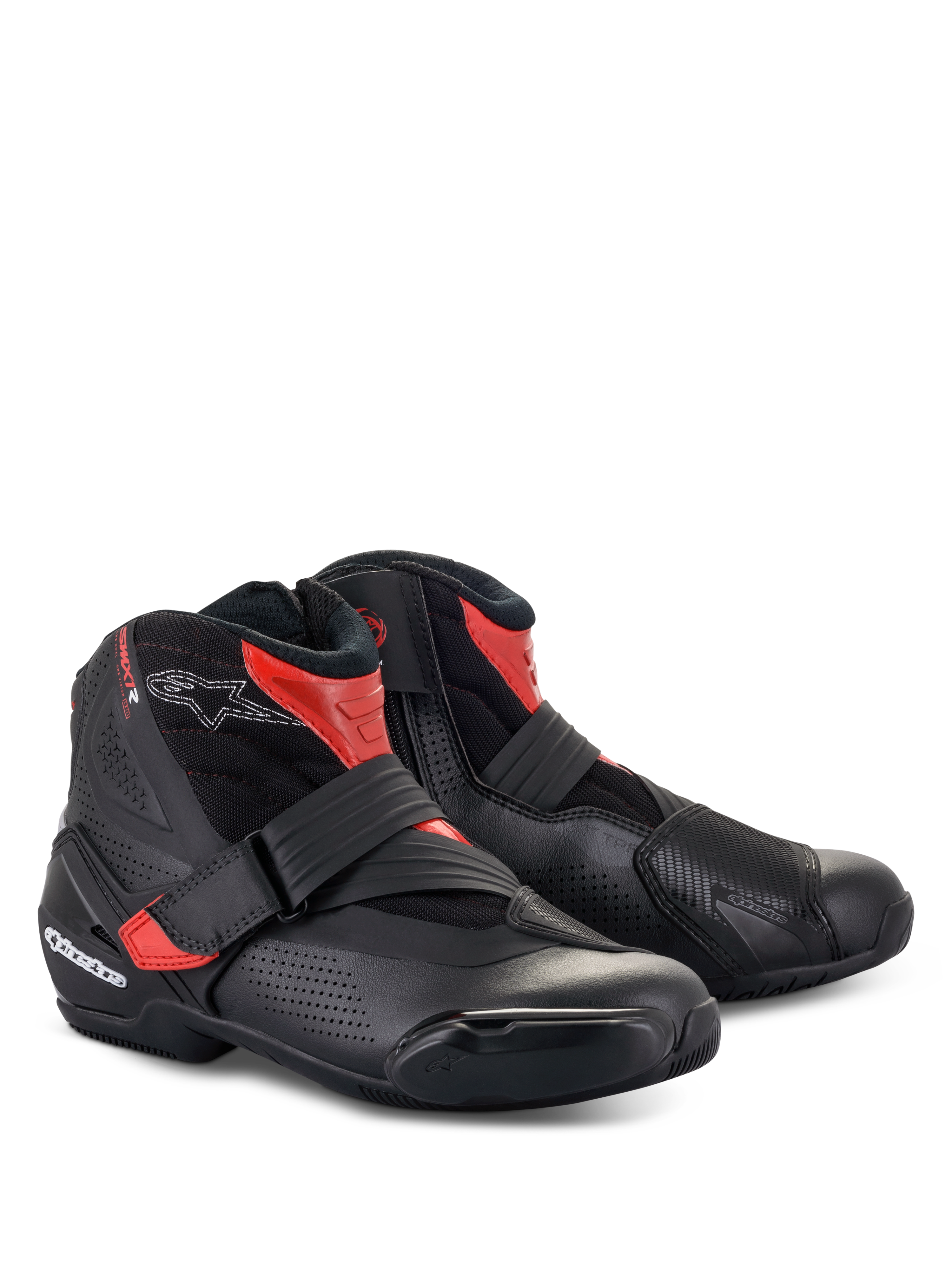 Botas Alpinestars SMX-1 R V2 Vented, calzado de moto de corte bajo, negro y rojo, con microfibra perforada para el flujo de aire, protección de TPU y cierre de correa para conducción deportiva en carretera
