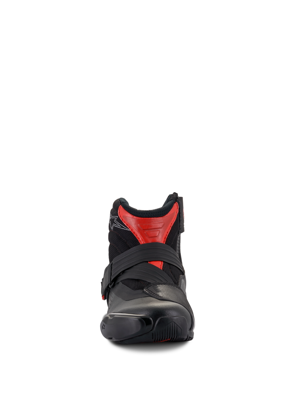 Botas Alpinestars SMX-1 R V2 Vented, botas de moto de corte bajo, negro y rojo, perspectiva frontal que muestra el cierre de correa seguro y la parte superior de microfibra ventilada, equipamiento de carretera de alto rendimiento.