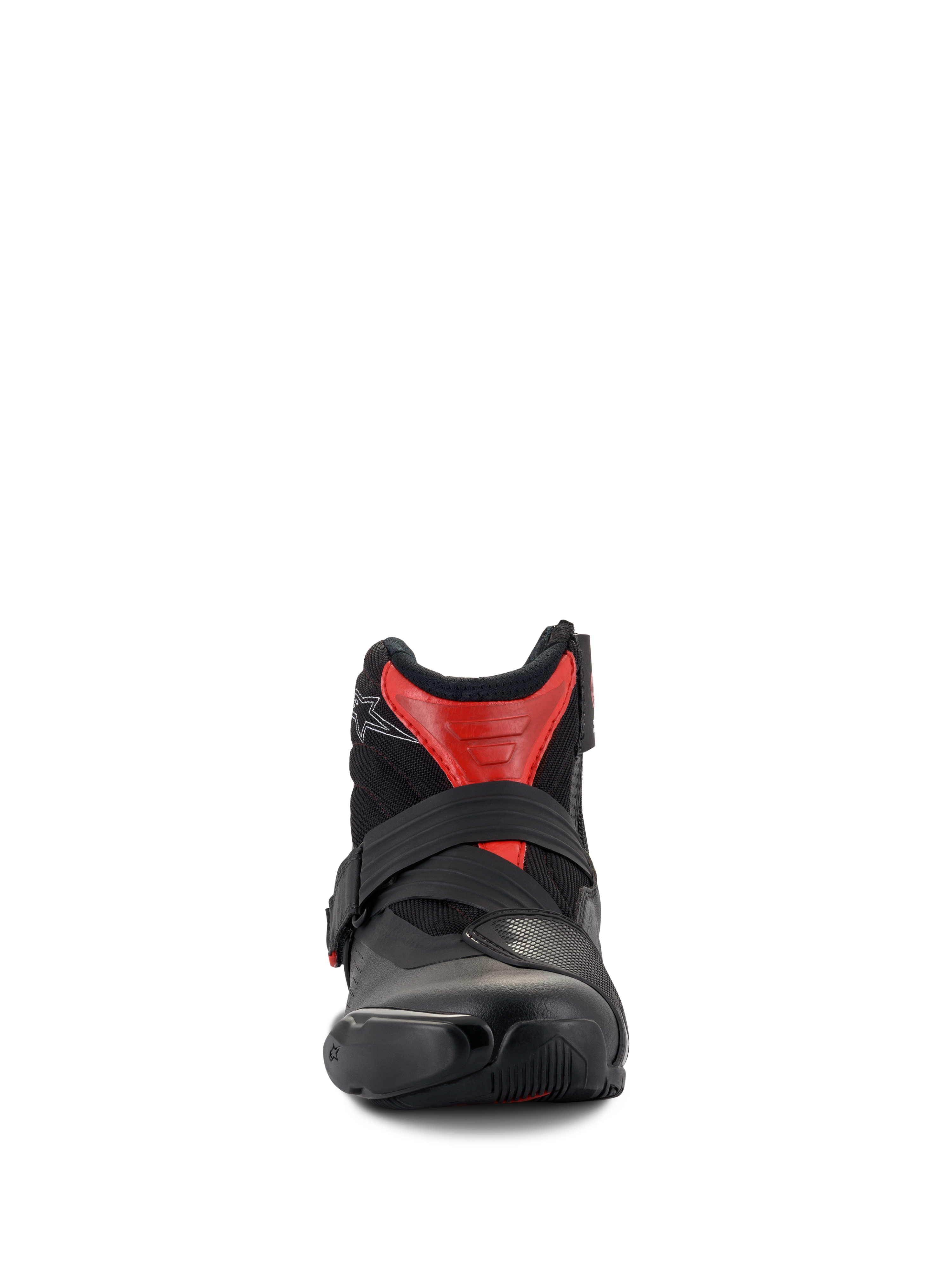 Botas Alpinestars SMX-1 R V2 Vented, botas de moto de corte bajo, negro y rojo, perspectiva frontal que muestra el cierre de correa seguro y la parte superior de microfibra ventilada, equipamiento de carretera de alto rendimiento.
